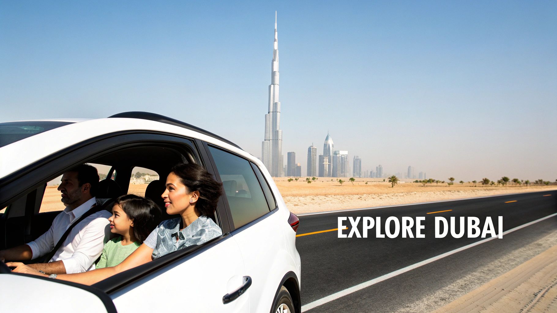 Weekly car hire dubai: Your Ultimate Guide to Smart Rentals 1 Family in white car driving towards Dubai skyline, including Burj Khalifa, on a sunny day.