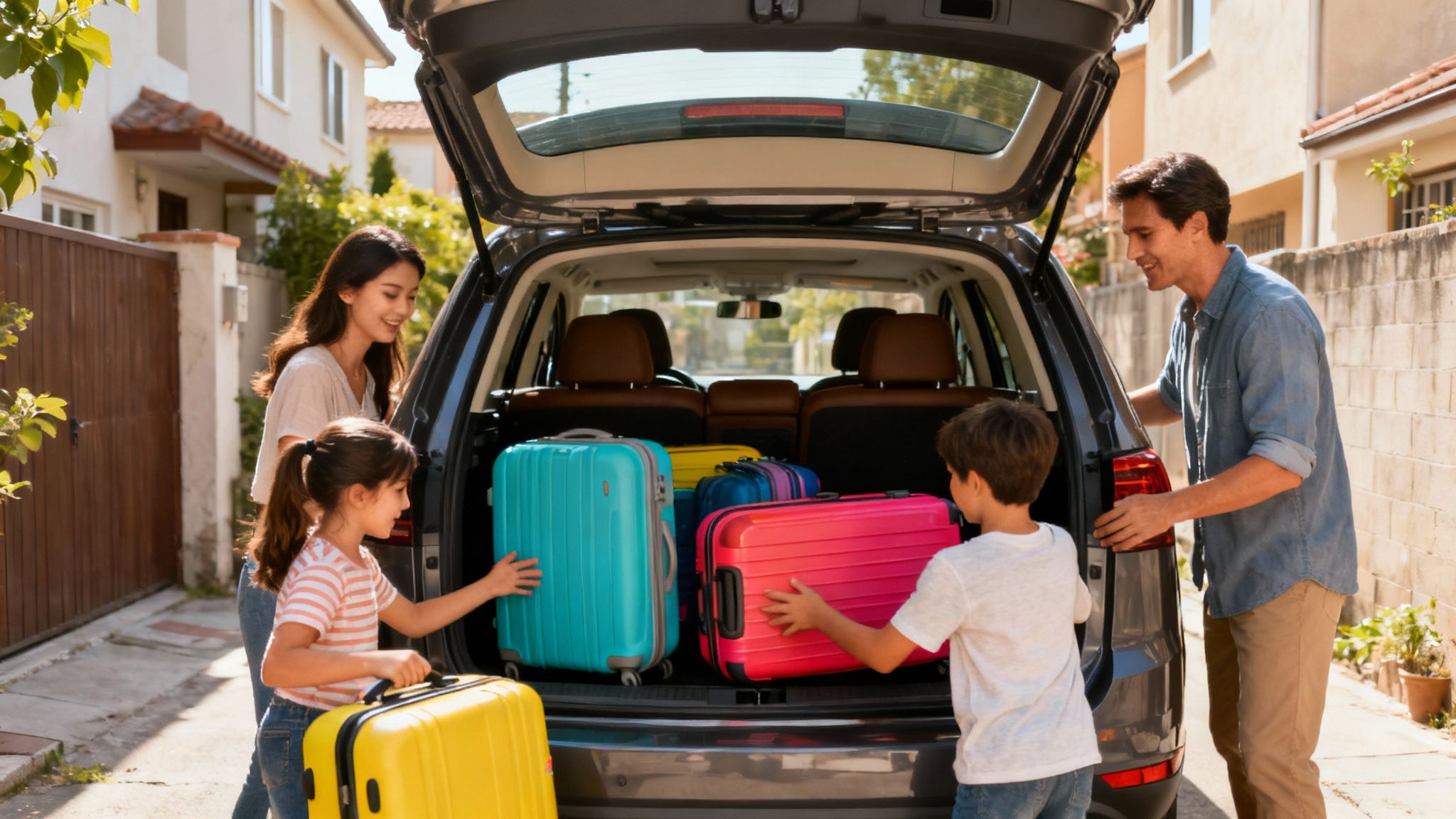 Une famille heureuse chargeant ses bagages dans le coffre d'une voiture spacieuse 5 places avant de partir en vacances.