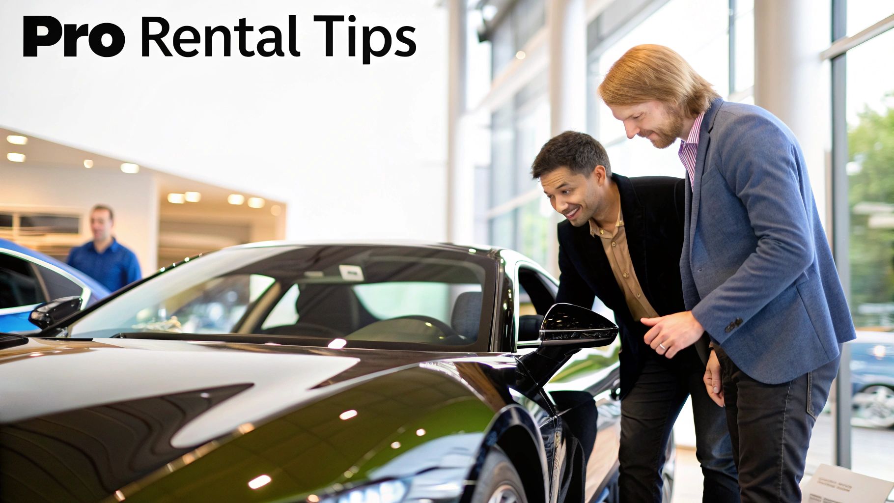 A person's hand receiving the keys to a luxury sports car from a rental agent.