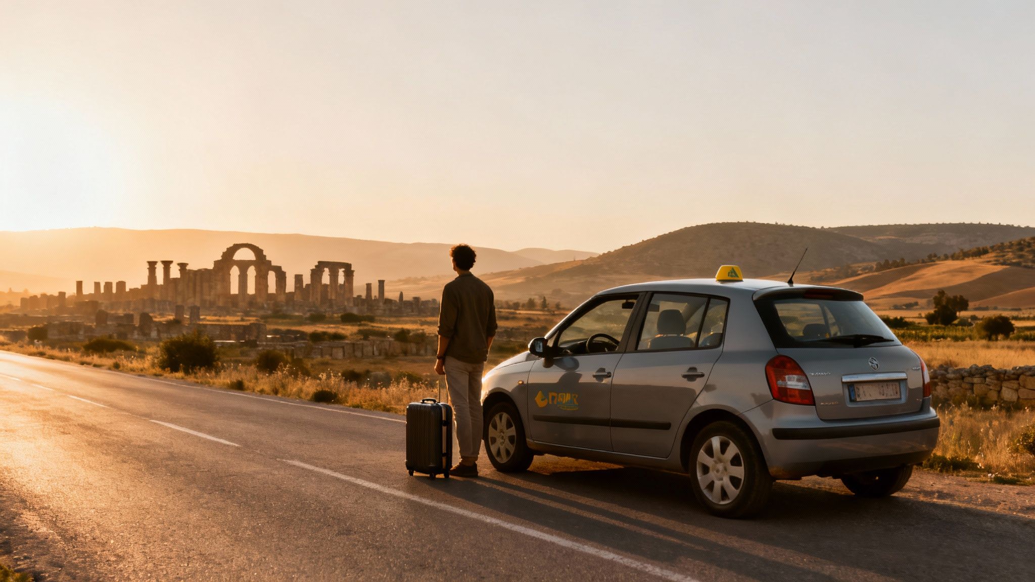 Une voiture de location moderne garée devant un paysage urbain de Meknès