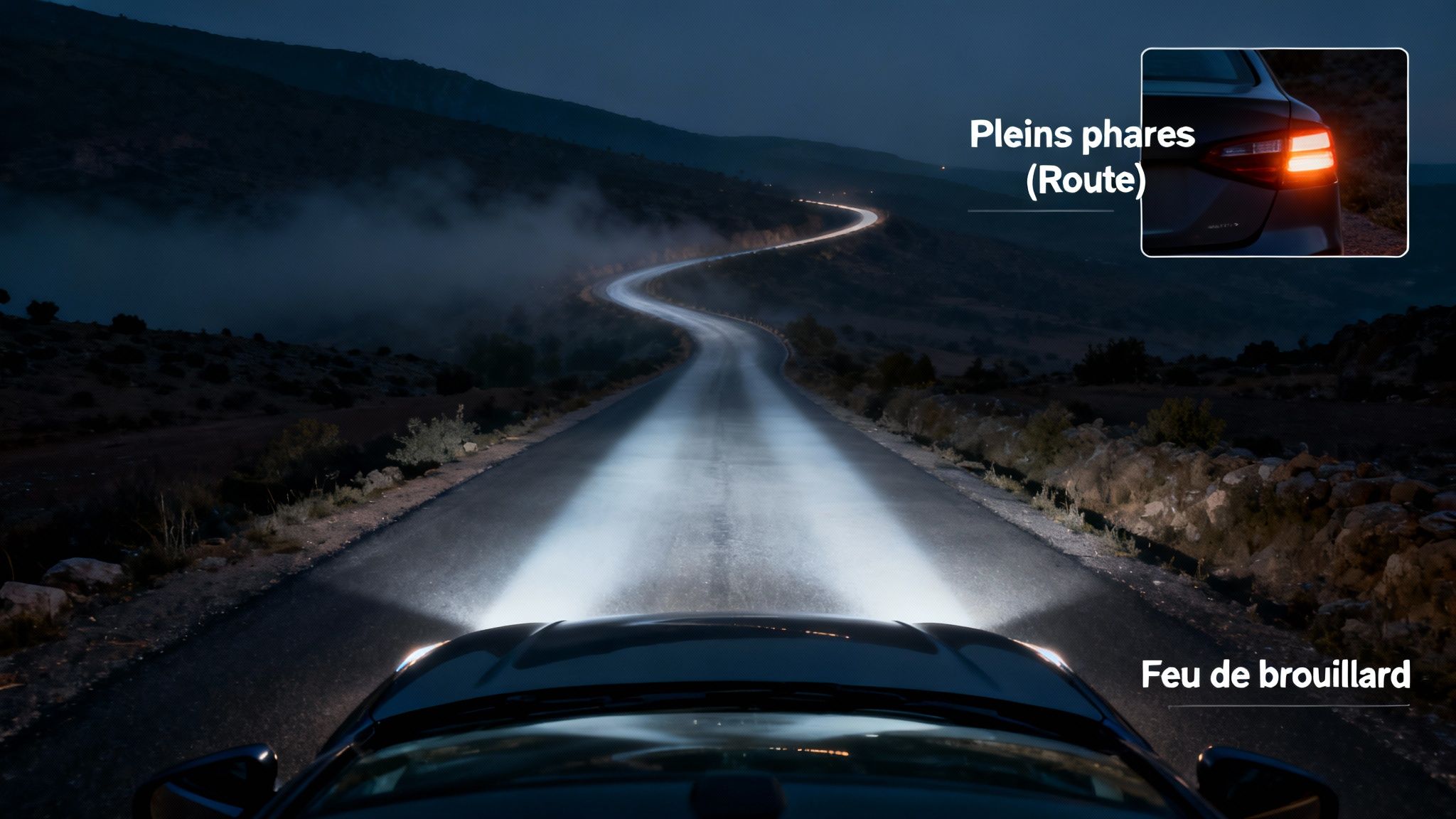 Une voiture sur une route sinueuse la nuit, montrant les pleins phares et les feux de brouillard.