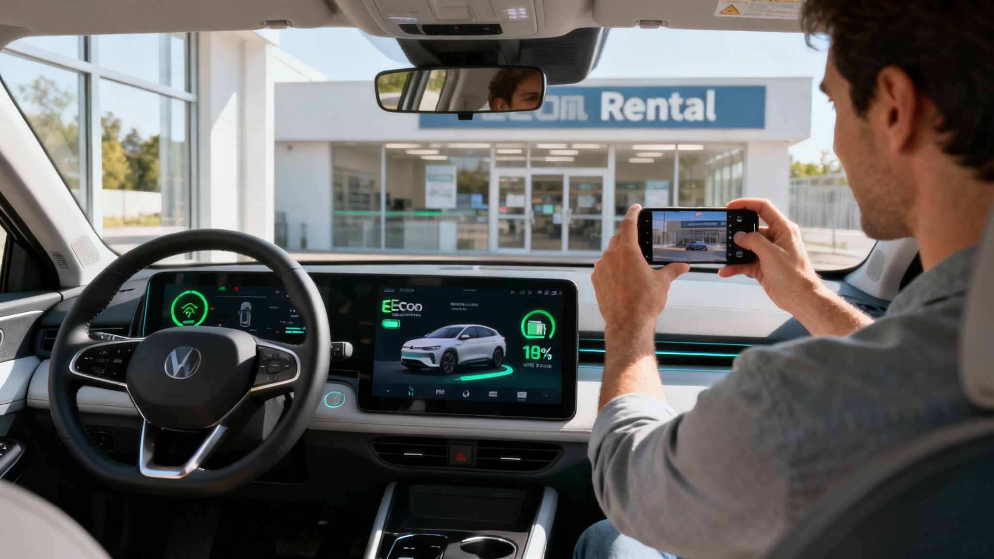 Un homme remettant les clés d'une voiture électrique à un agent de location.