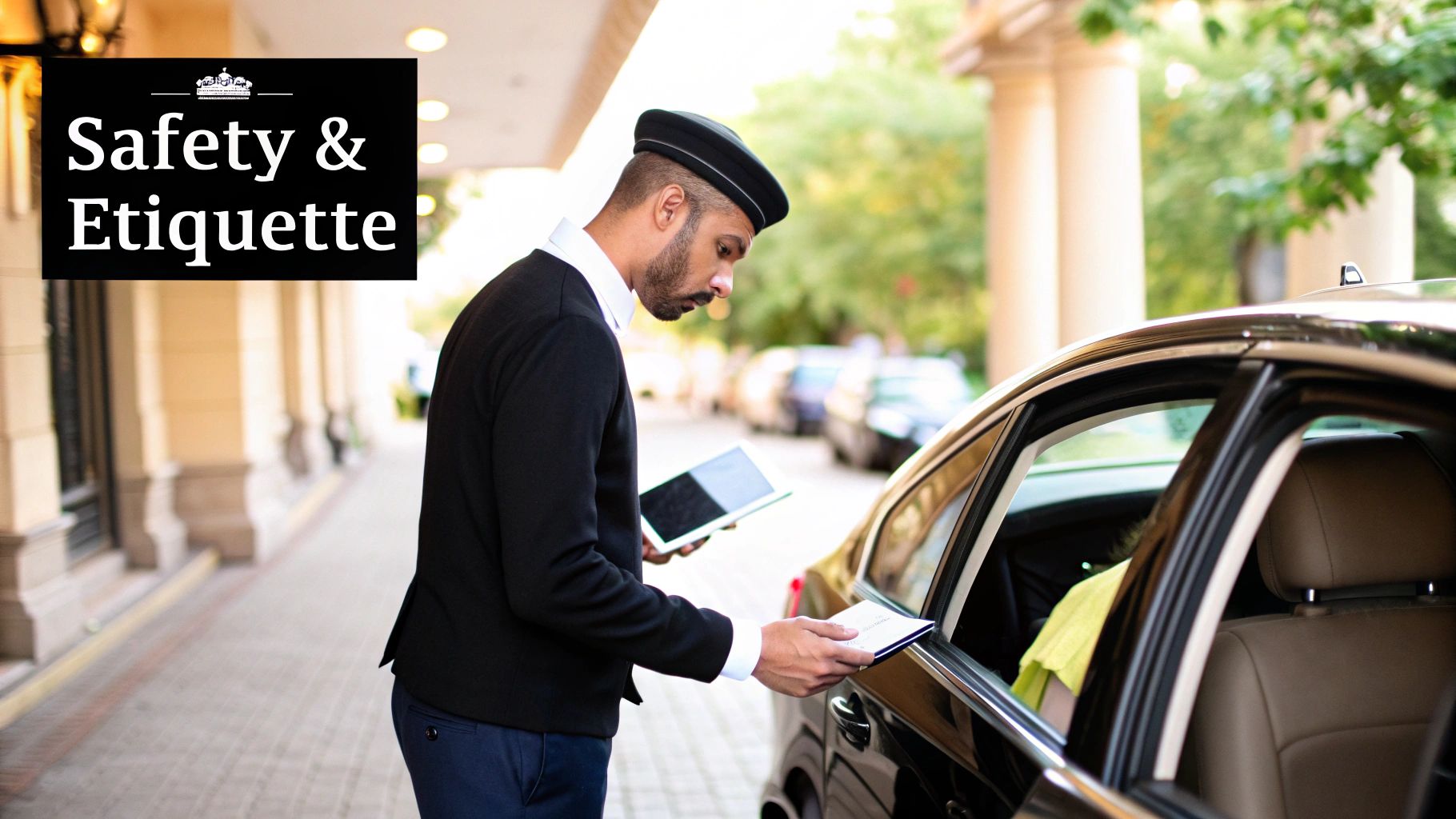 A uniformed driver hands a document to a passenger in a black car, holding a tablet.
