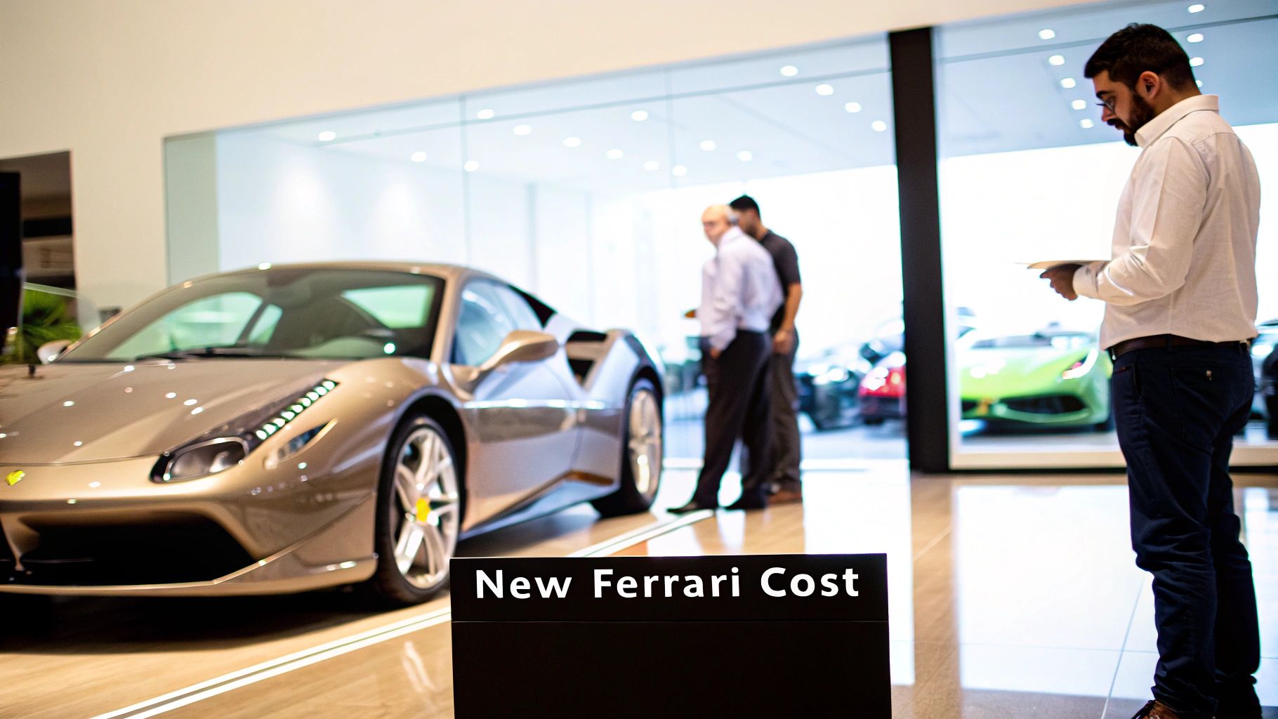 A modern car showroom displays a gold Ferrari, with a customer reviewing details and other people browsing.