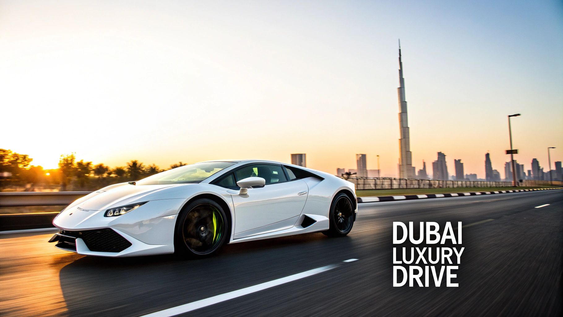 A sleek white Lamborghini Huracan drives on a highway towards the magnificent Dubai skyline at sunset.