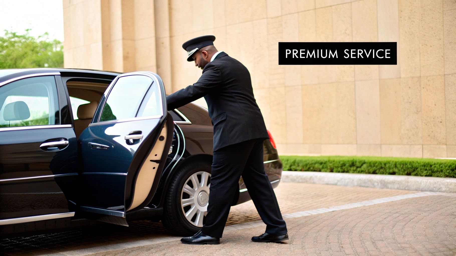 A luxury car cruising down a modern Dubai highway with the city skyline in the background
