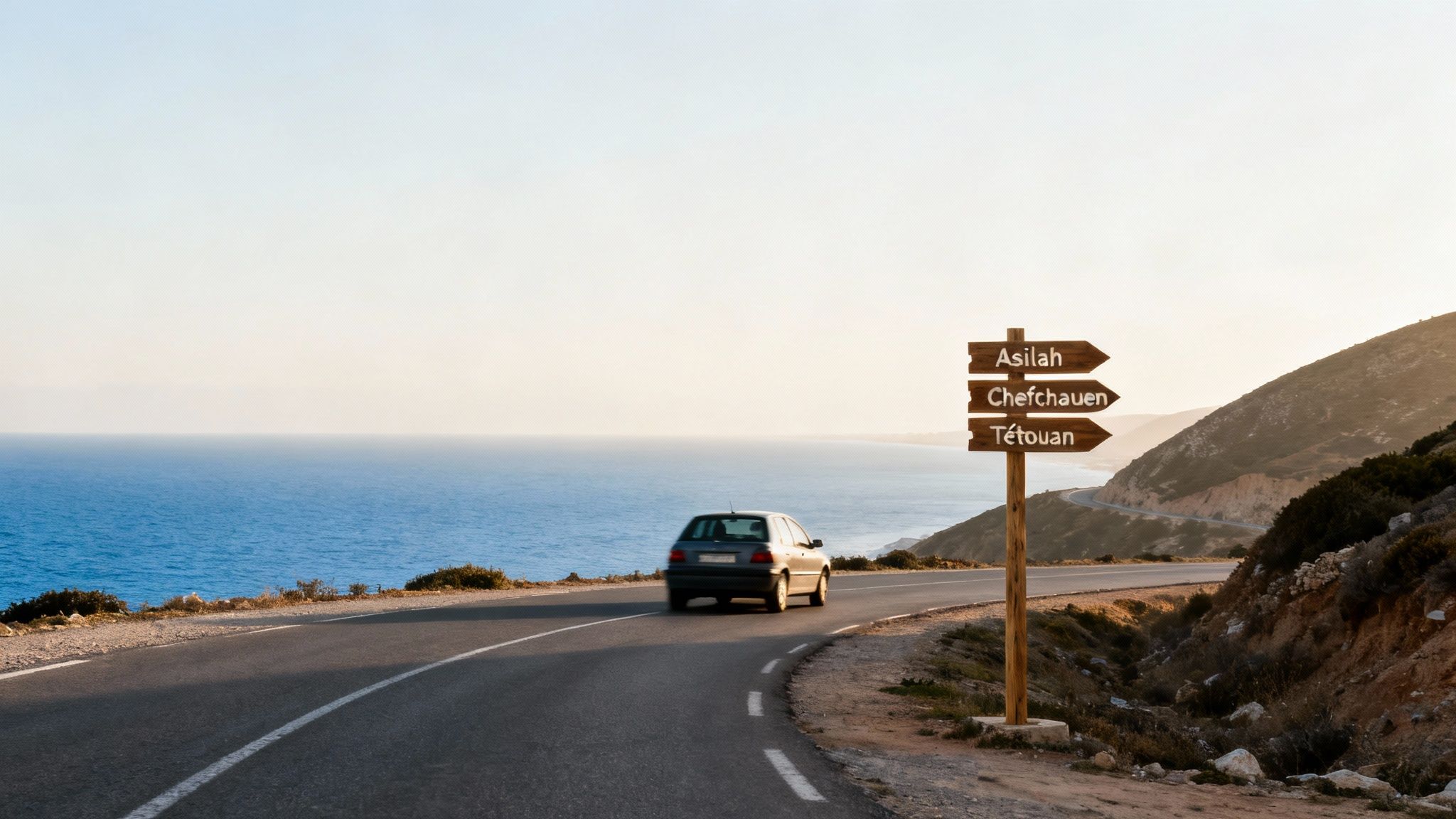 Voiture sur une route côtière au bord de la mer, avec un panneau indiquant Asilah, Chefchaouen et Tétouan.