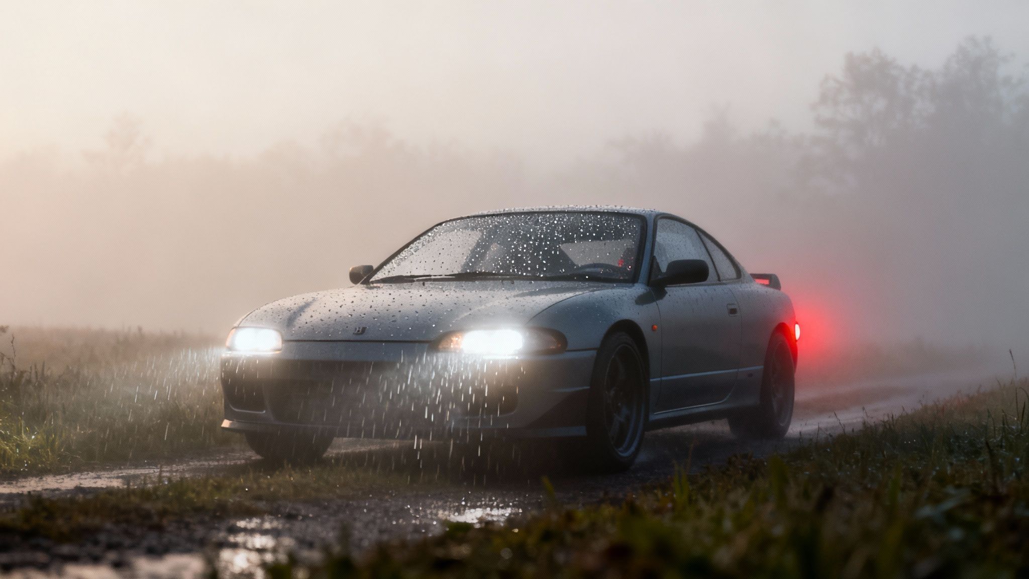 Voiture grise avec phares allumés et gouttes de pluie, sur une route de terre brumeuse au lever du soleil.