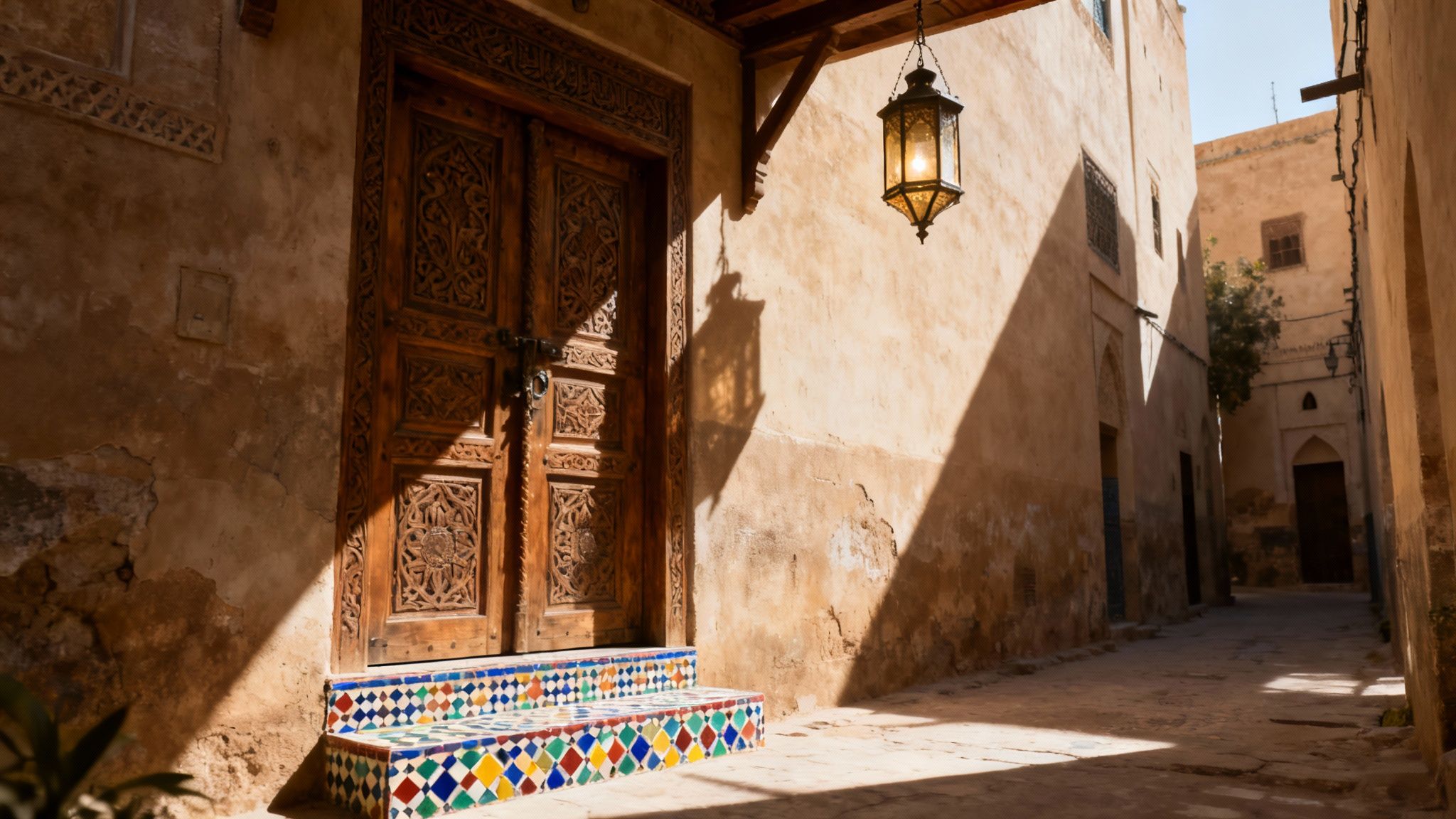 Porte en bois sculptée avec carreaux colorés dans une ruelle traditionnelle marocaine ensoleillée