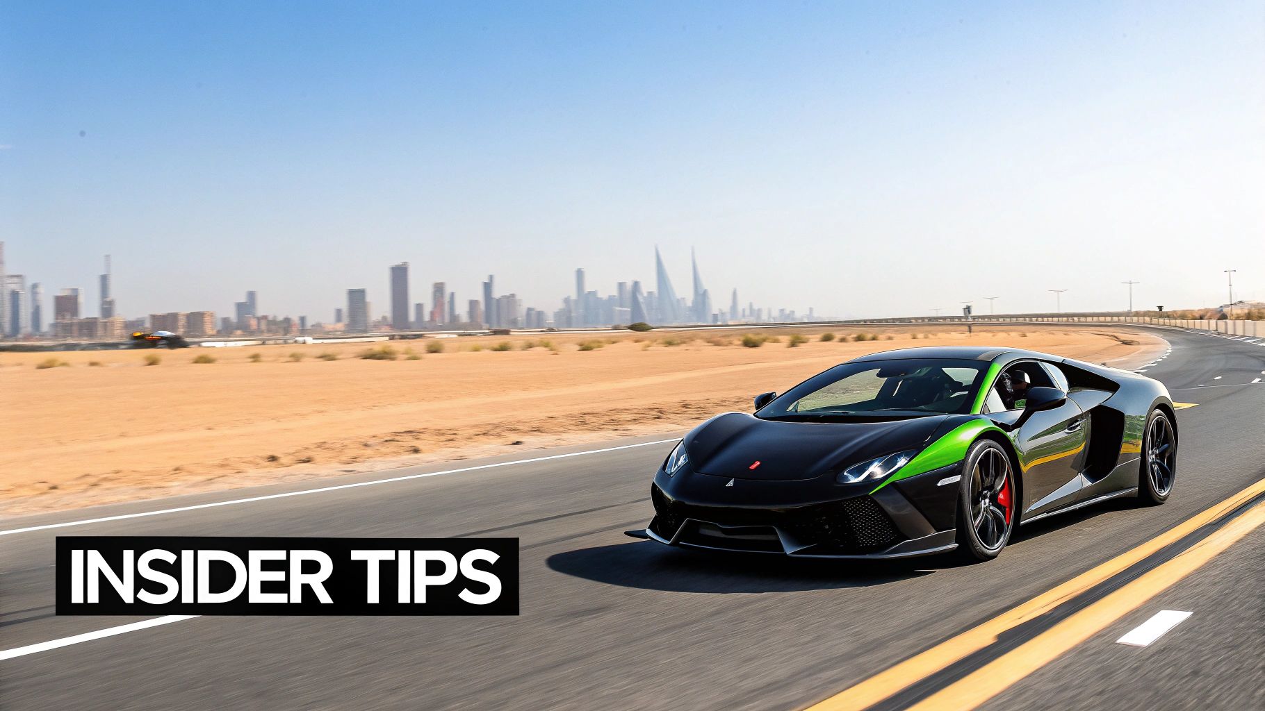 A fleet of luxury cars driving on a multi-lane highway in Dubai