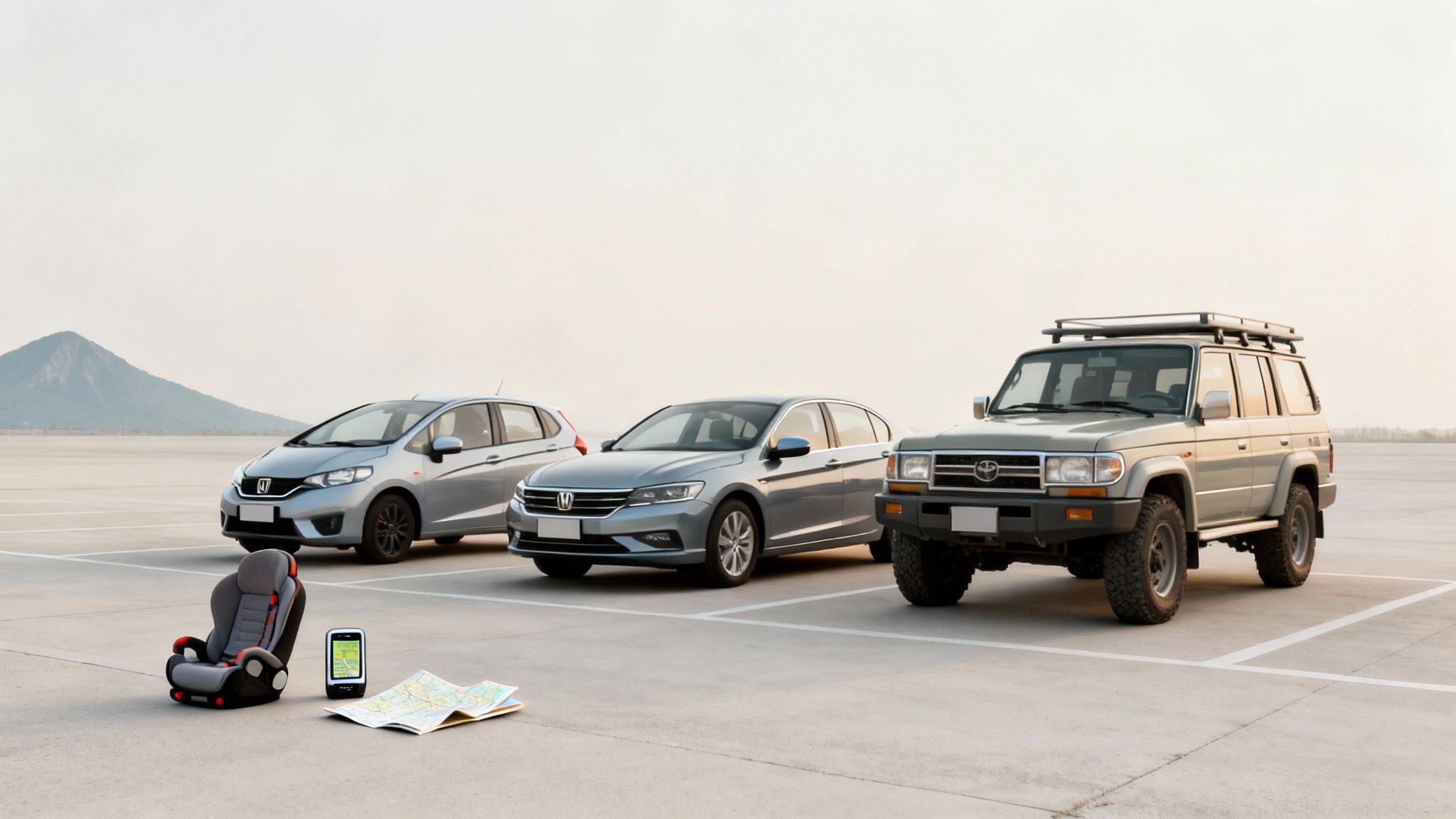 Comparaison prix location voiture au Maroc un guide pour mieux choisir 1 Trois voitures (citadine, berline, 4x4) sont garées sur un parking avec un siège auto, un GPS et une carte au sol. Une montagne en arrière-plan.