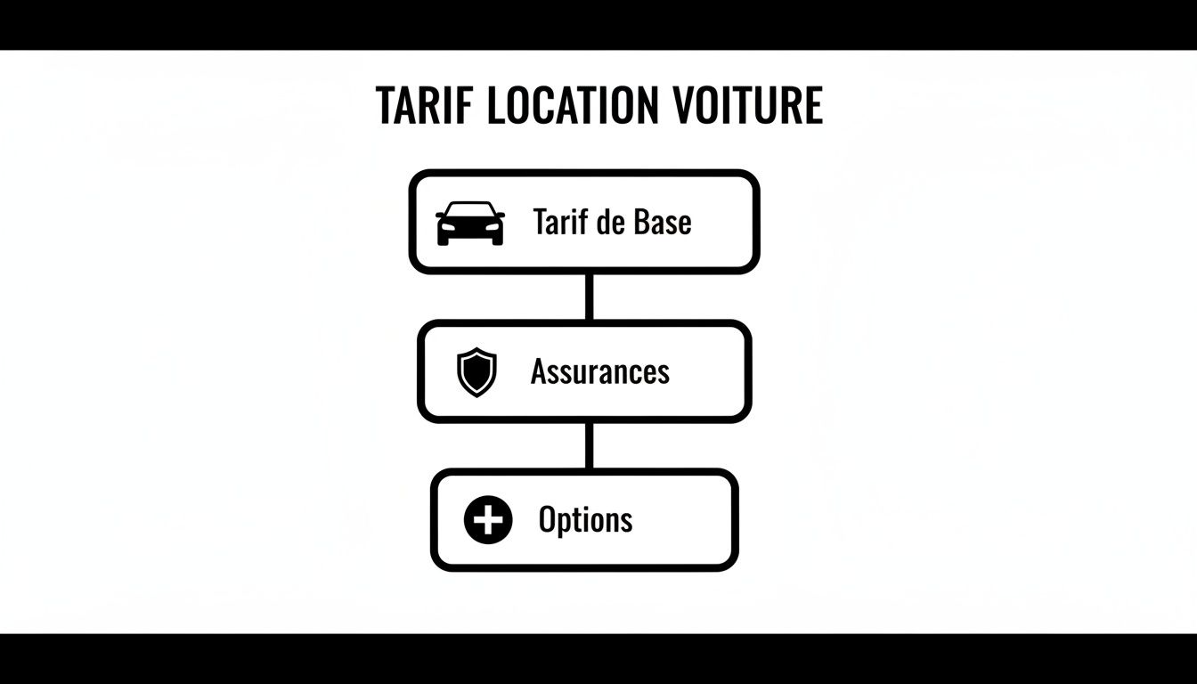 Diagramme explicatif des tarifs de location de voiture, détaillant le prix de base, les assurances et les options.