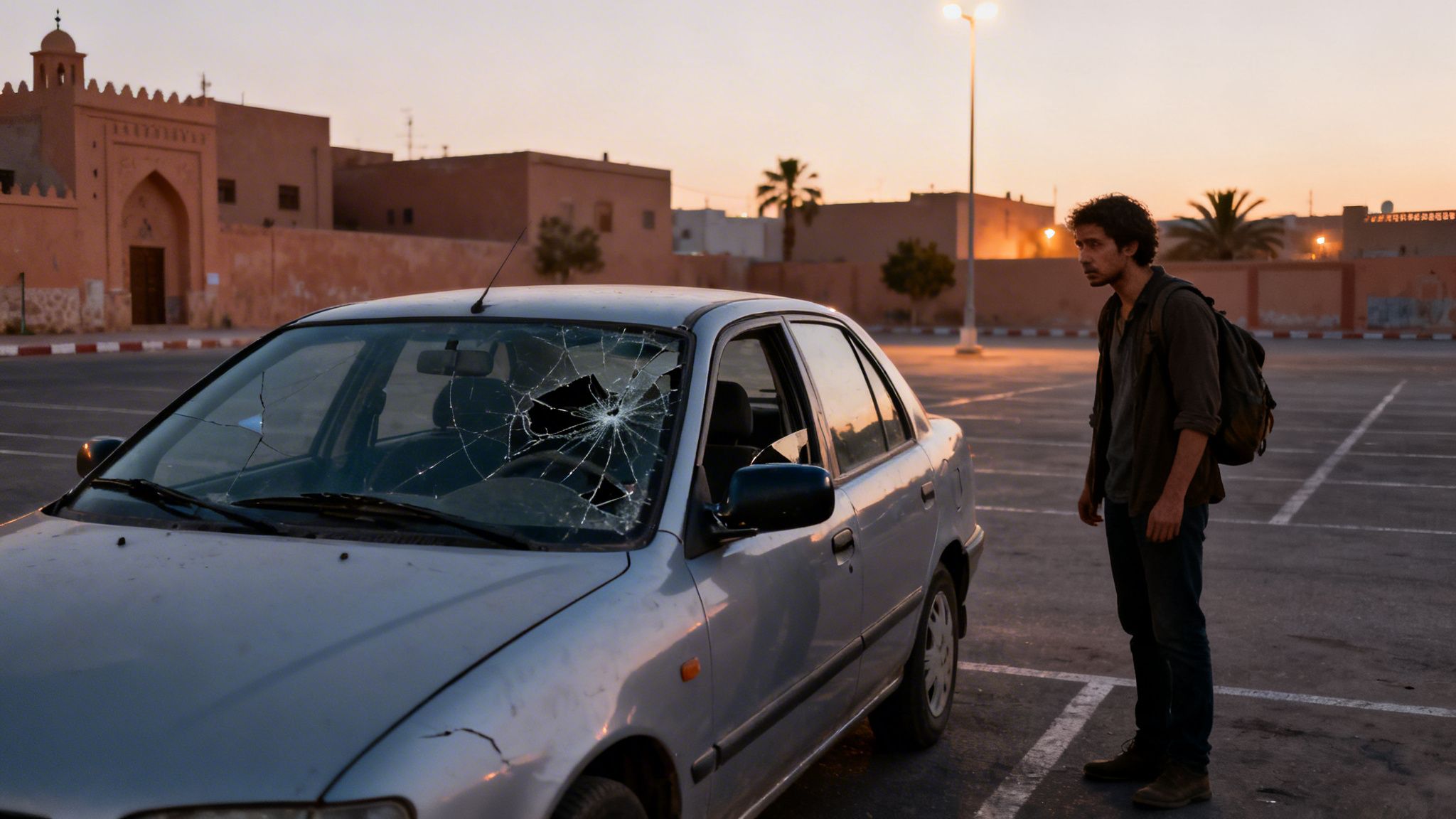 Un homme regarde une voiture au pare-brise cassé dans un parking au coucher du soleil.