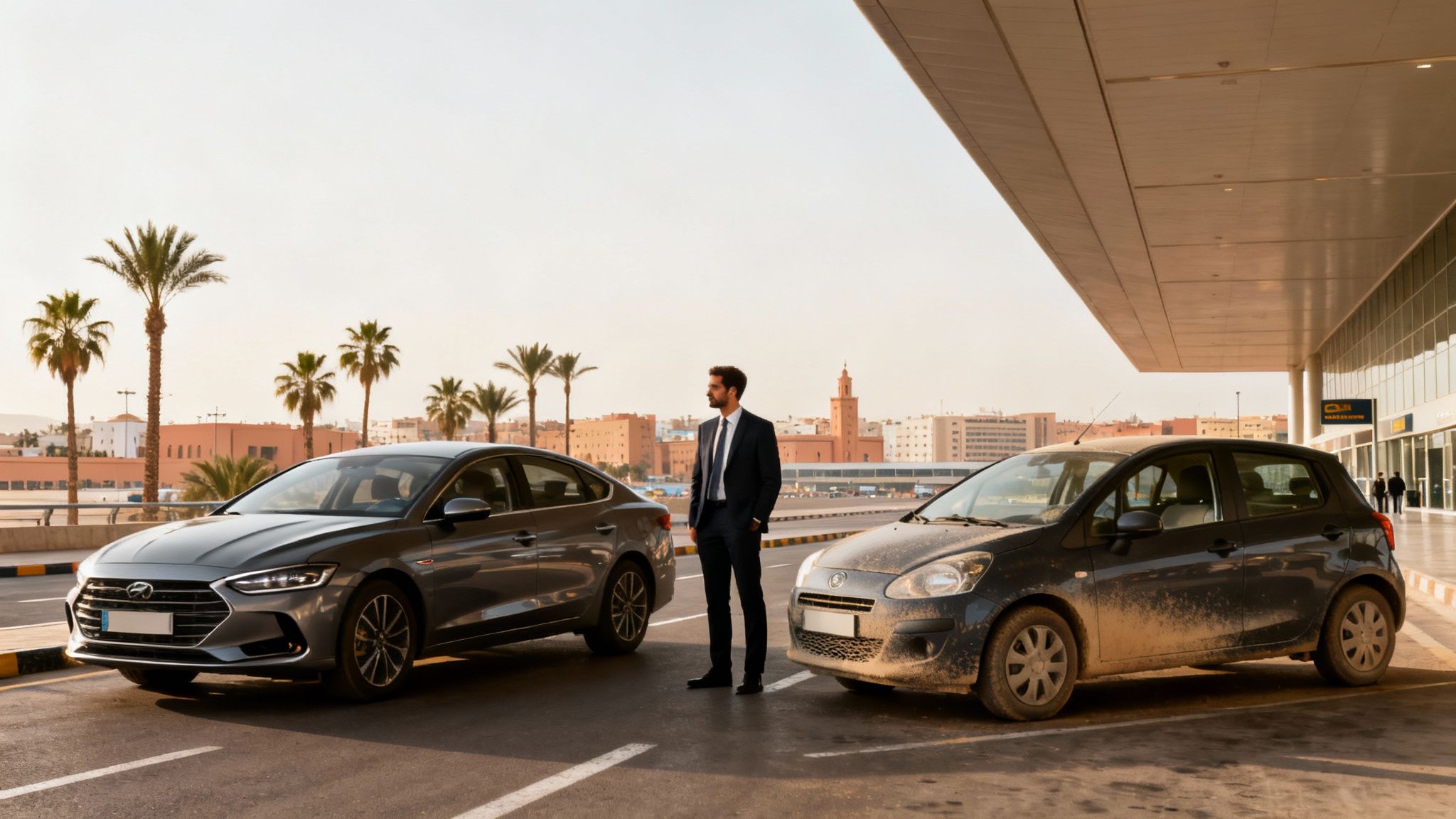 Un homme élégant en costume se tient entre deux voitures, l'une neuve et l'autre sale, près d'un terminal d'aéroport avec des palmiers.