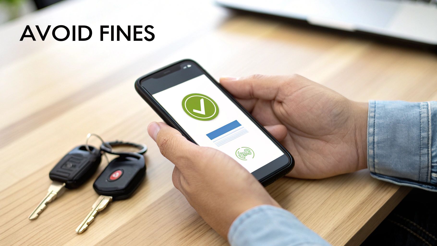 Hands holding a smartphone displaying a green checkmark, next to car keys on a wooden table, with 'AVOID FINES' text.