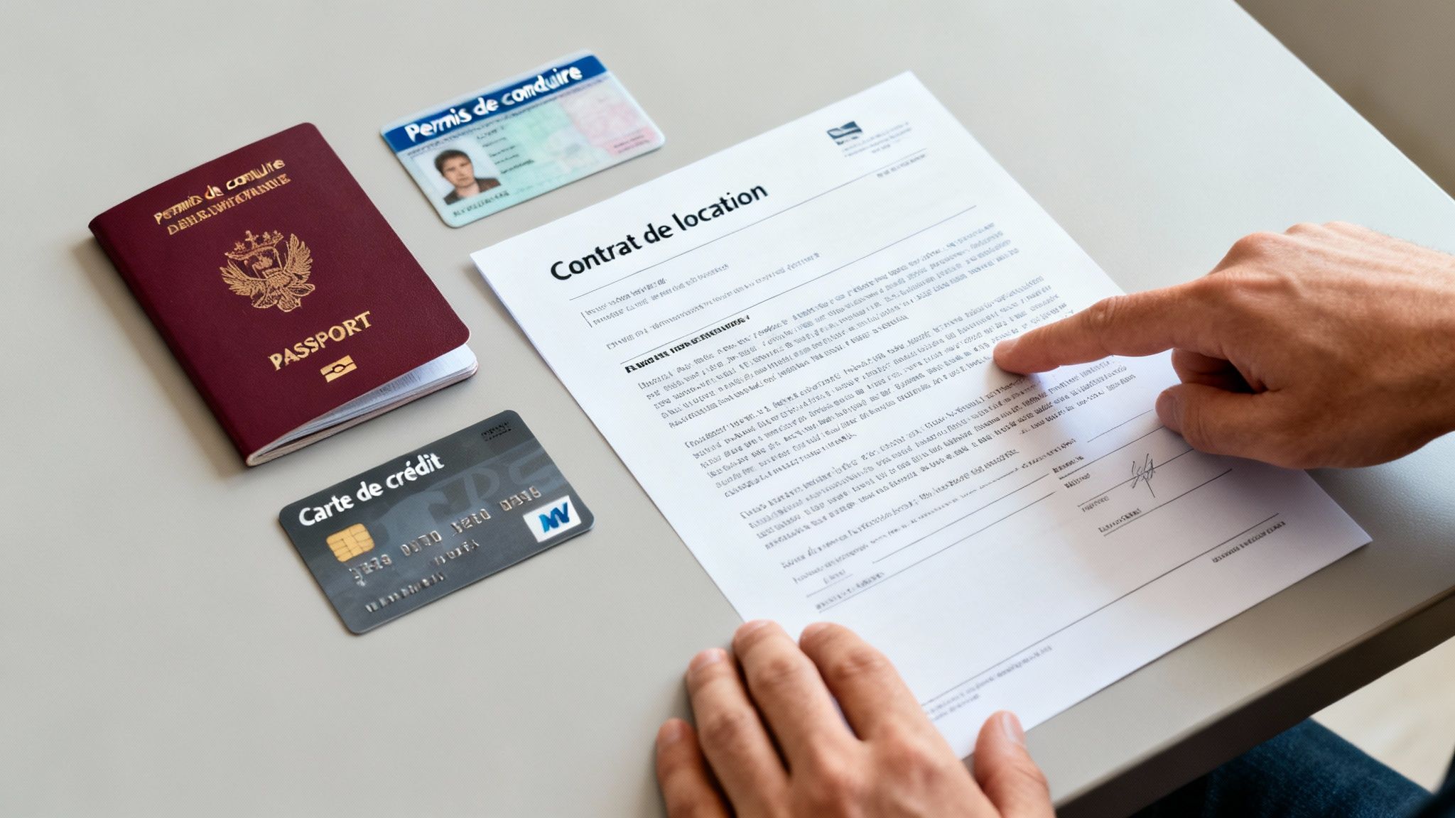 Une main pointe un contrat de location, entouré d'un passeport, permis de conduire et carte de crédit.