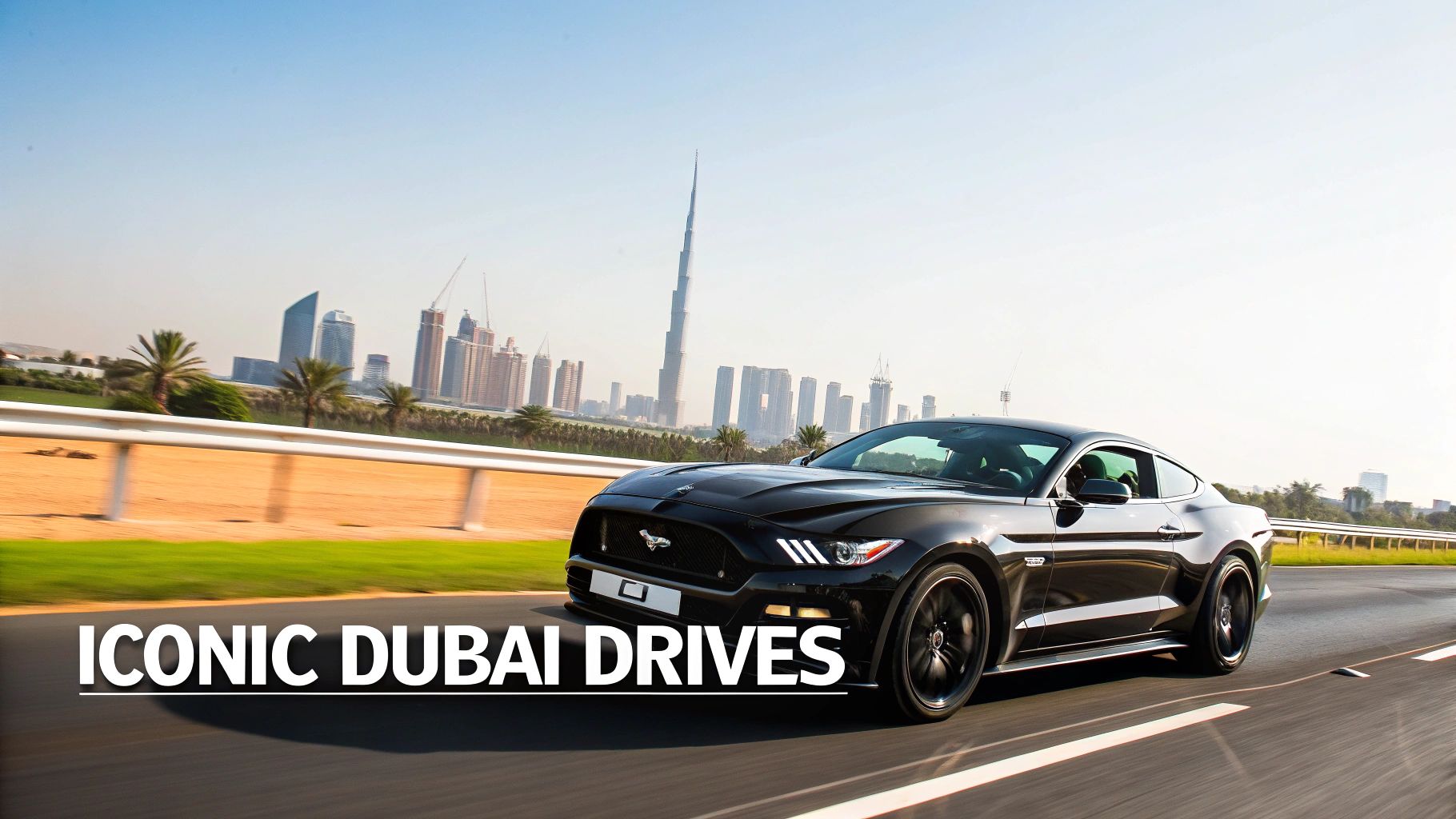 A sleek black Ford Mustang driving on a highway with the iconic Dubai skyline, including Burj Khalifa, in the background.