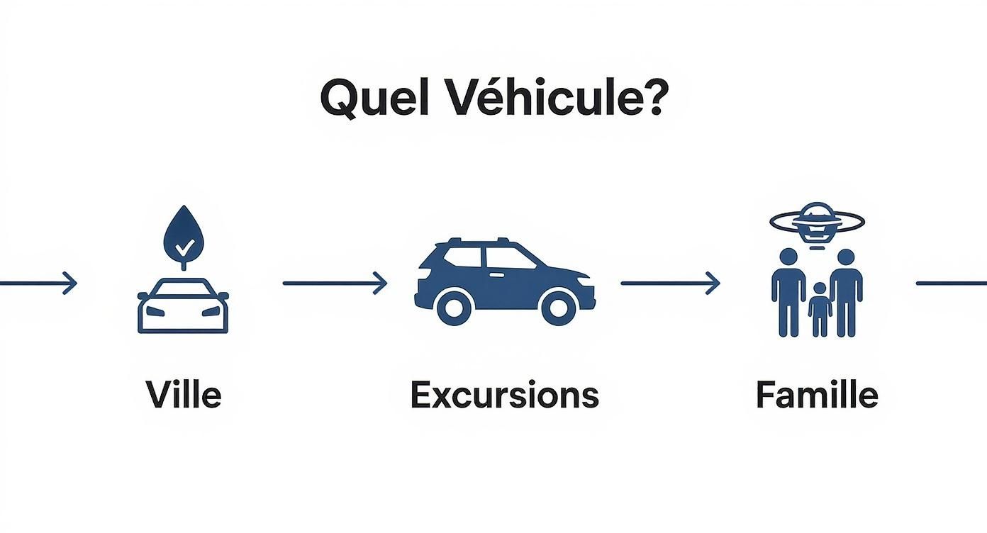 Infographie montrant un arbre de décision pour choisir un véhicule à Meknès selon l'usage : ville, excursion ou famille.