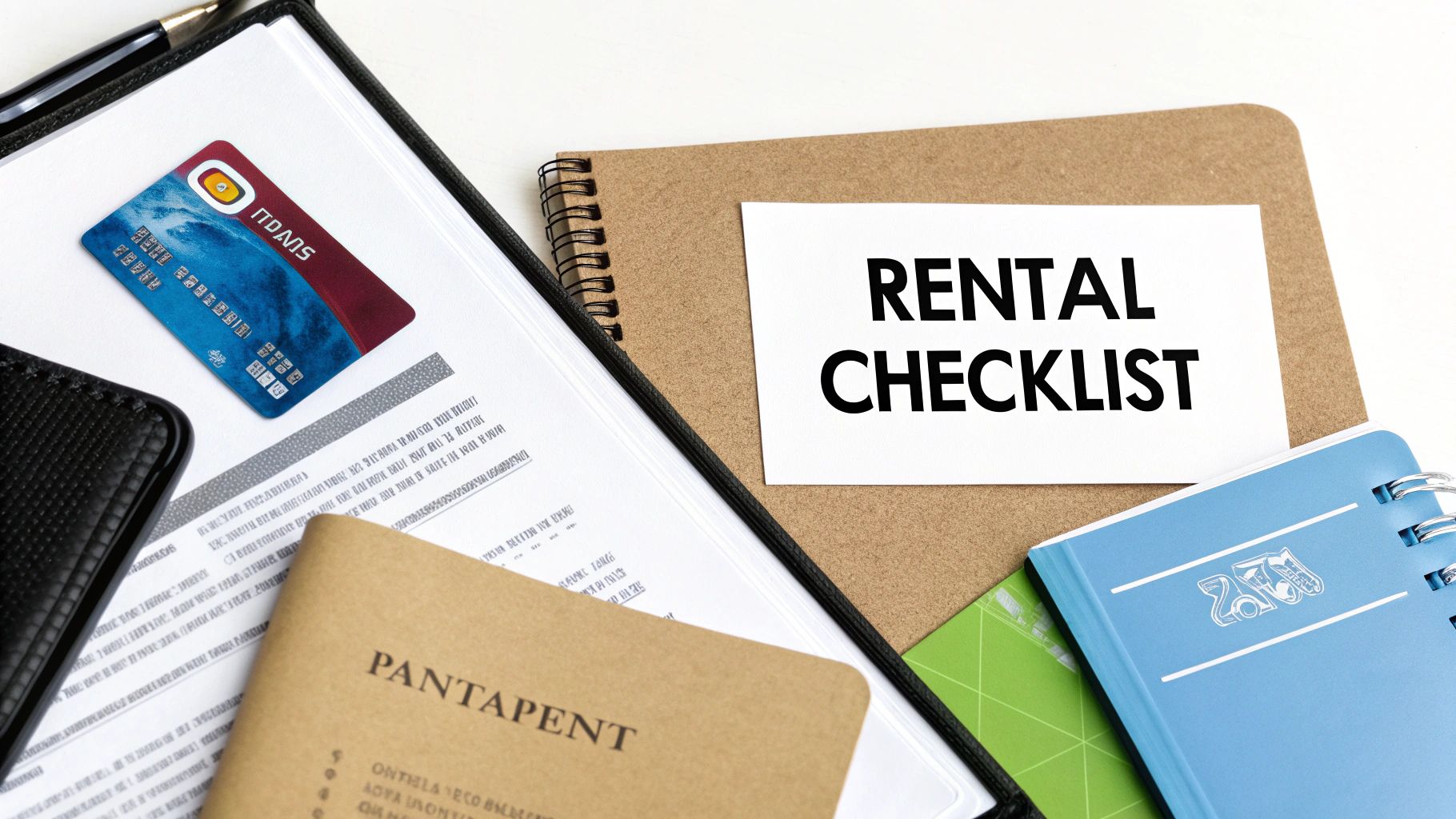 Your Guide to Mustang for Rent in Dubai 3 A flat lay of a desk with a 'Rental Checklist' note, a credit card, and documents.