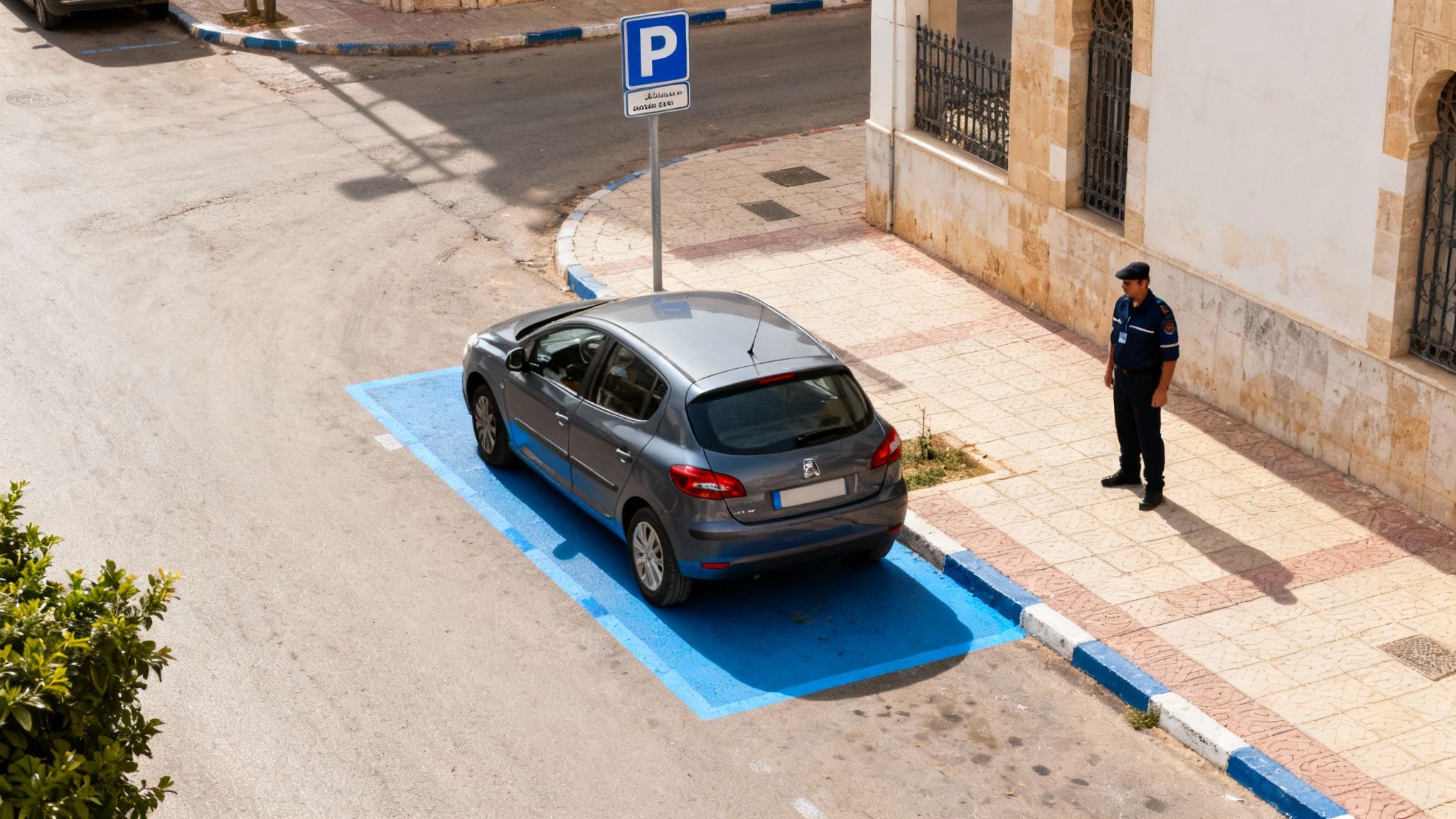 Un homme en uniforme se tient sur le trottoir près d'une voiture grise garée sur une place de stationnement bleue, sous un panneau de parking.