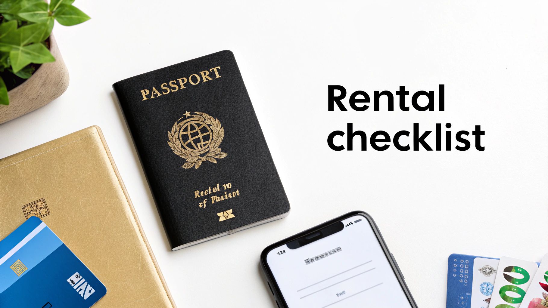 A flat lay with a passport, notebook, phone, and card, beside the text 'Rental checklist'.