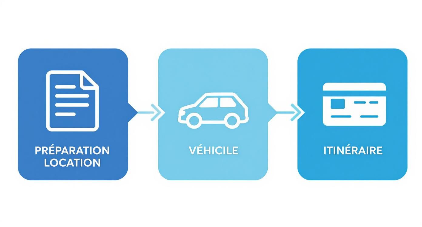 Une illustration en trois étapes pour la préparation de location d'un véhicule, du document au véhicule et à l'itinéraire.