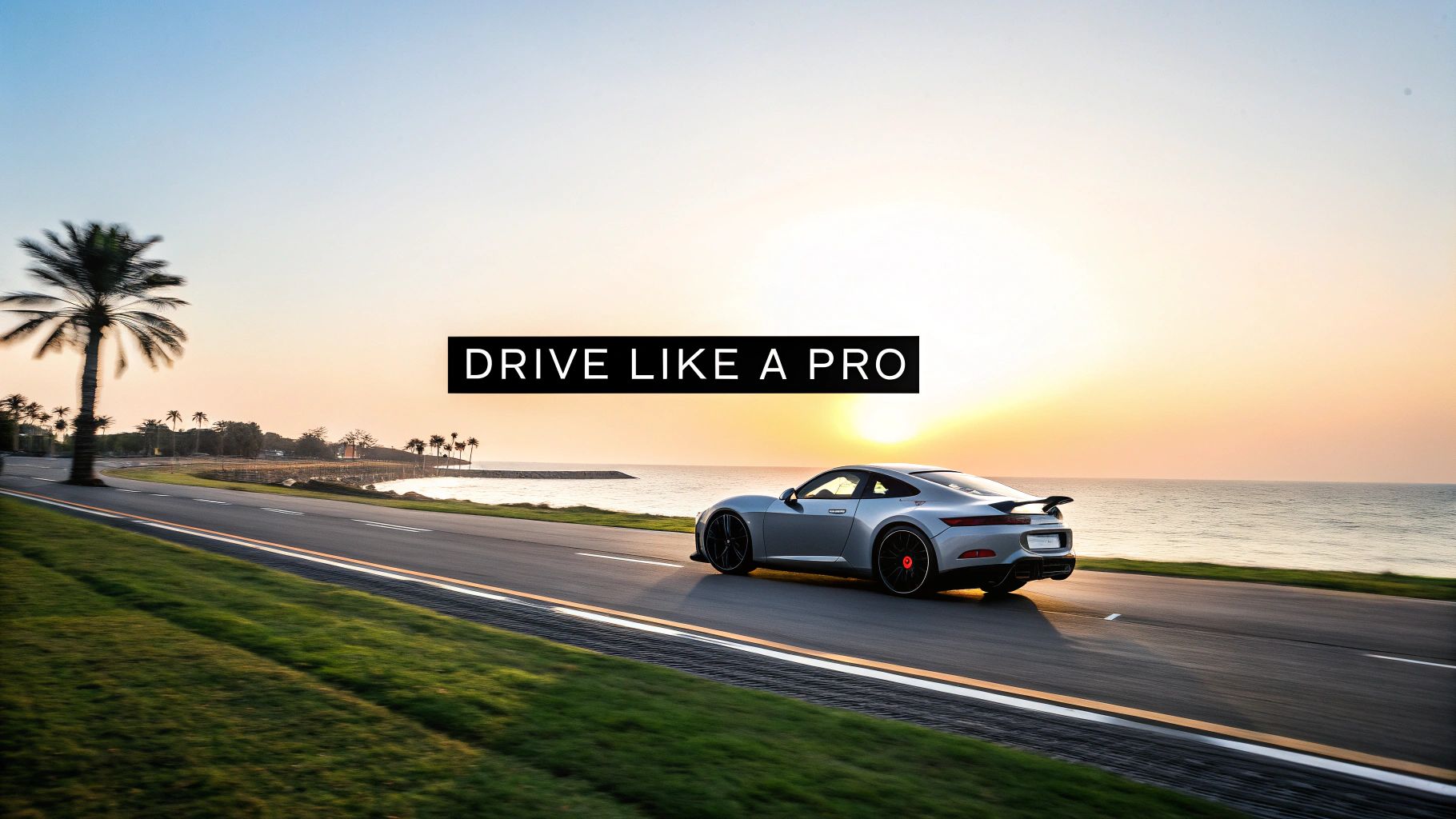 Dubai's Elite Drive: ap supercar rental for the Ultimate Experience 4 A sleek silver Porsche supercar drives along a scenic coastal road during a vibrant sunset.