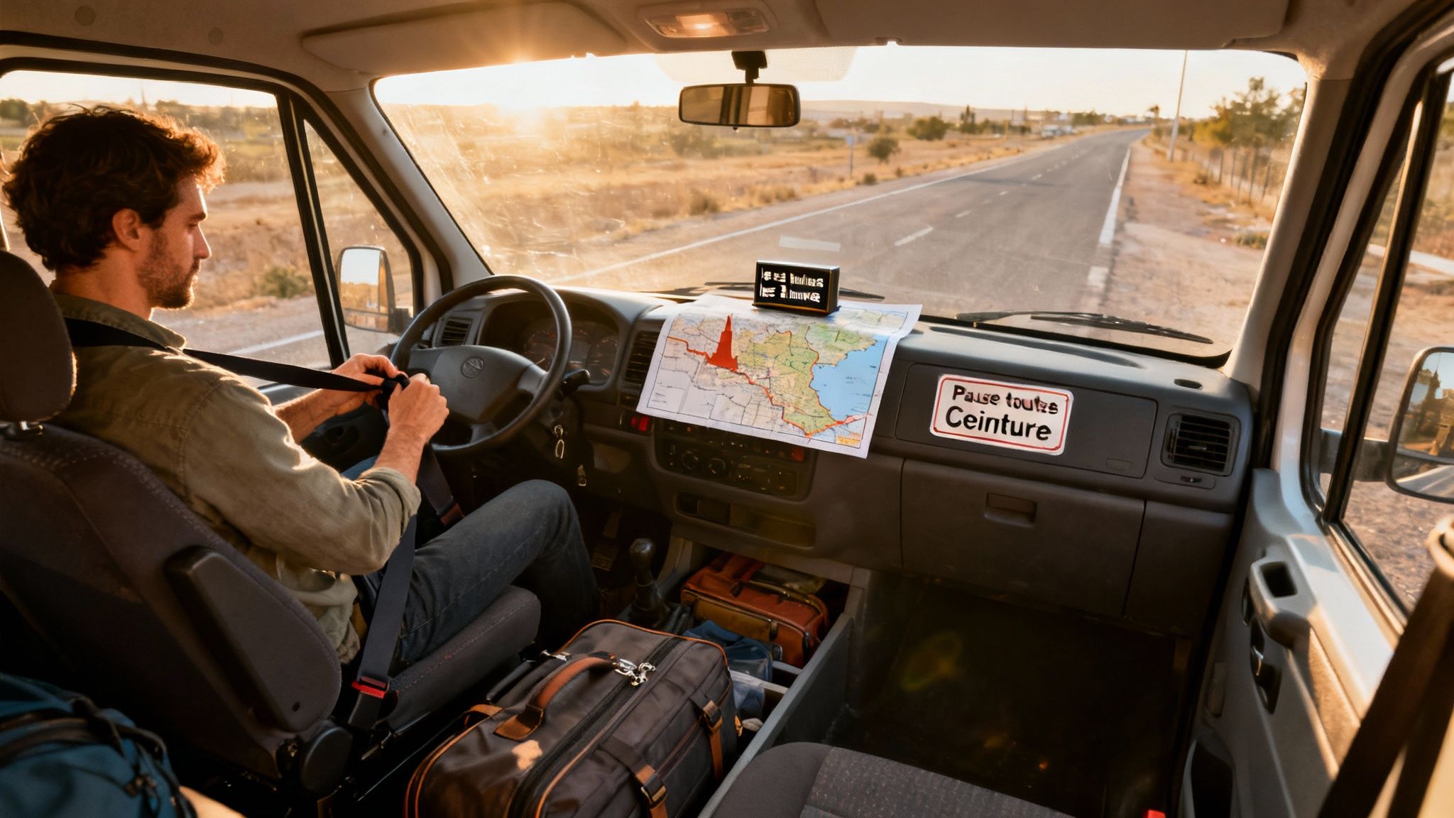 Location minibus 15 places (location minibus 15 places): Louez malin au Maroc 4 Homme bouclant sa ceinture dans un minibus au lever du soleil sur une route déserte, carte sur le tableau de bord.