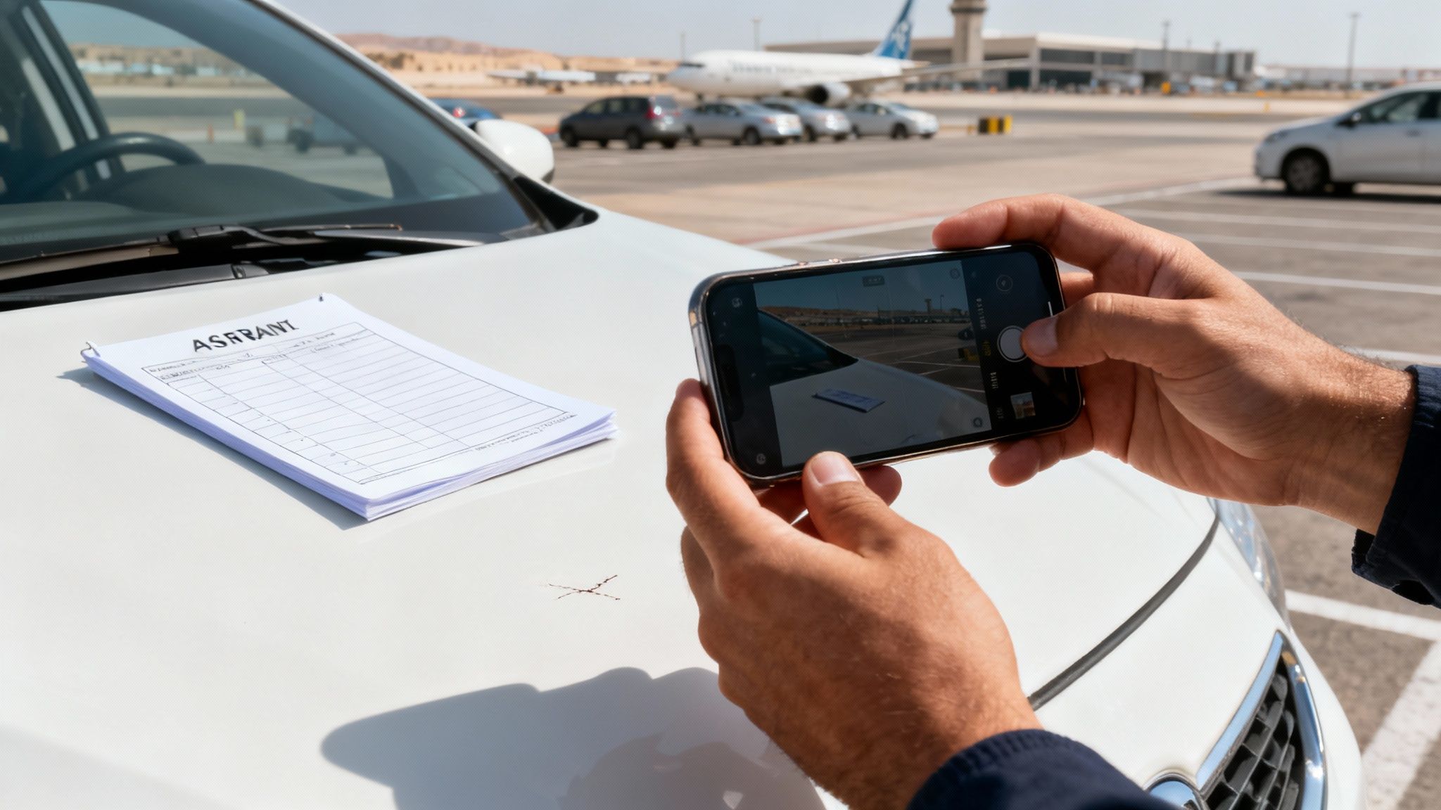 Une personne inspectant une voiture de location à Agadir avant de partir.