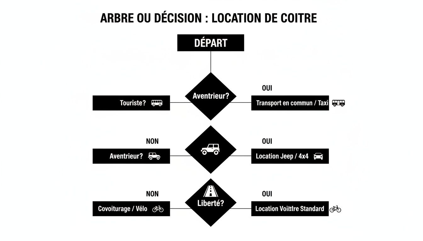 Diagramme de flux pour la décision de location de véhicule, offrant des options comme la jeep, la voiture standard ou les transports en commun.