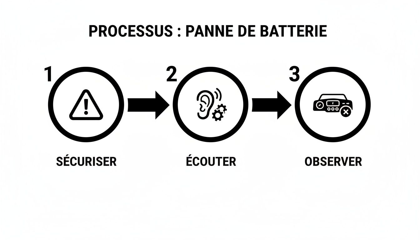 Processus en trois étapes pour une panne de batterie : sécuriser, écouter et observer avec des icônes explicatives.