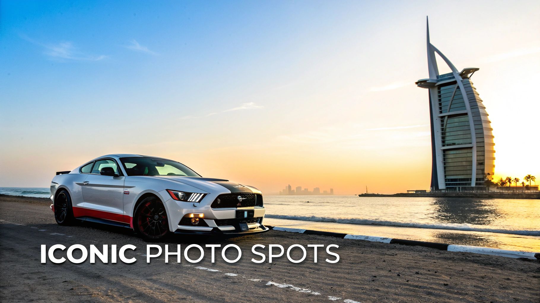 Mustang rent a car dubai: Expert guide to thrilling UAE road trips 4 A customized white Ford Mustang parked on a beach road with the iconic Burj Al Arab hotel in Dubai at sunset.