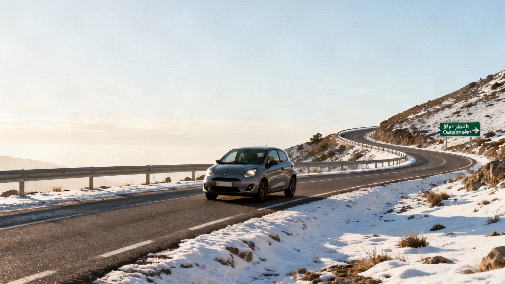 Route de montagne enneigée menant à une station de ski au Maroc