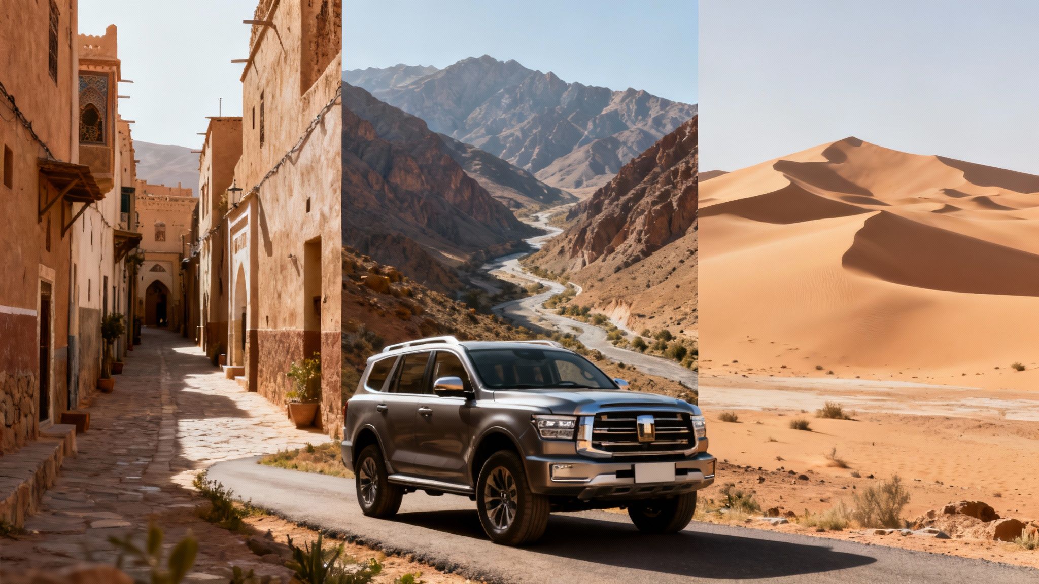 Un SUV gris roule sur une route sinueuse, avec une ville marocaine ancienne, une vallée montagneuse et des dunes désertiques en arrière-plan.
