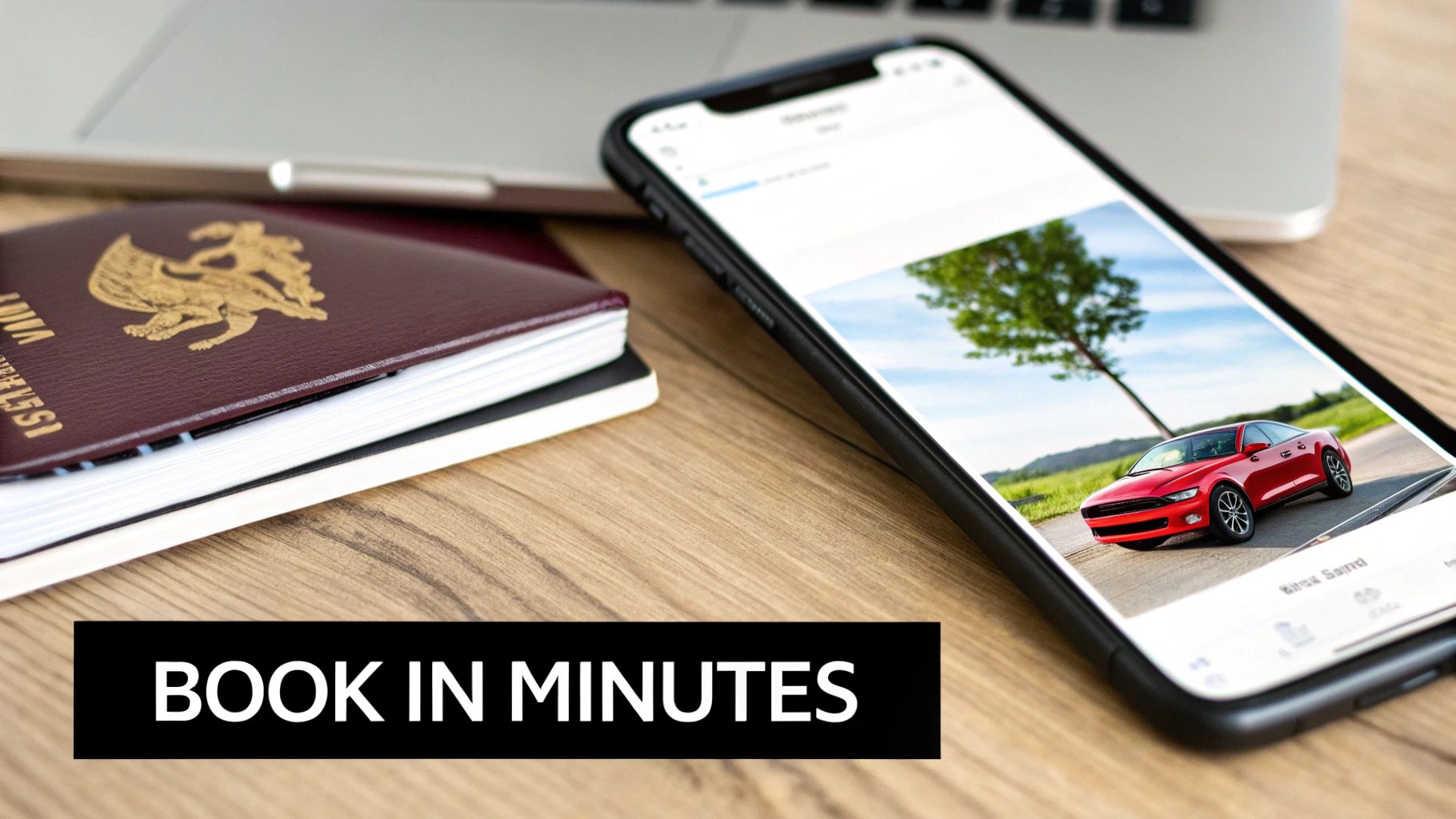 A smartphone displaying a red Mustang car for rent, next to a passport and laptop, suggesting quick online booking.