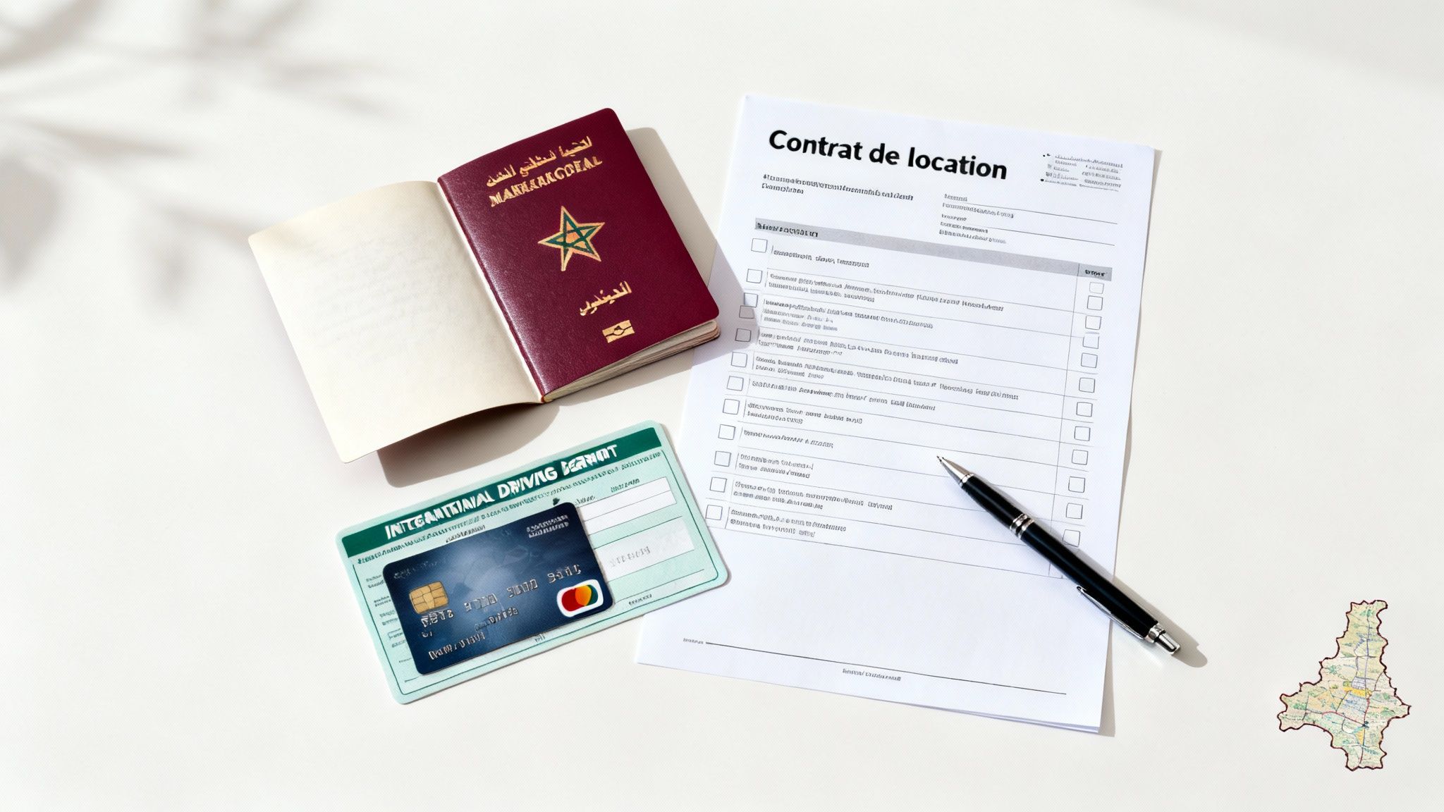 Documents de location avec passeport marocain, permis de conduire international et carte bancaire