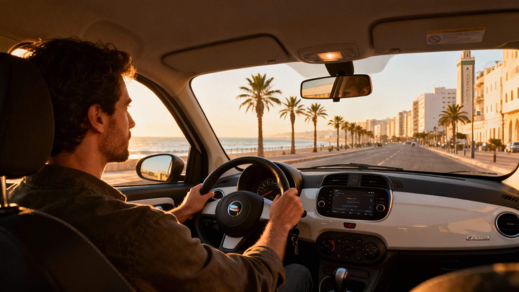 Un homme conduit une voiture sur une route côtière bordée de palmiers et de bâtiments, au coucher du soleil.