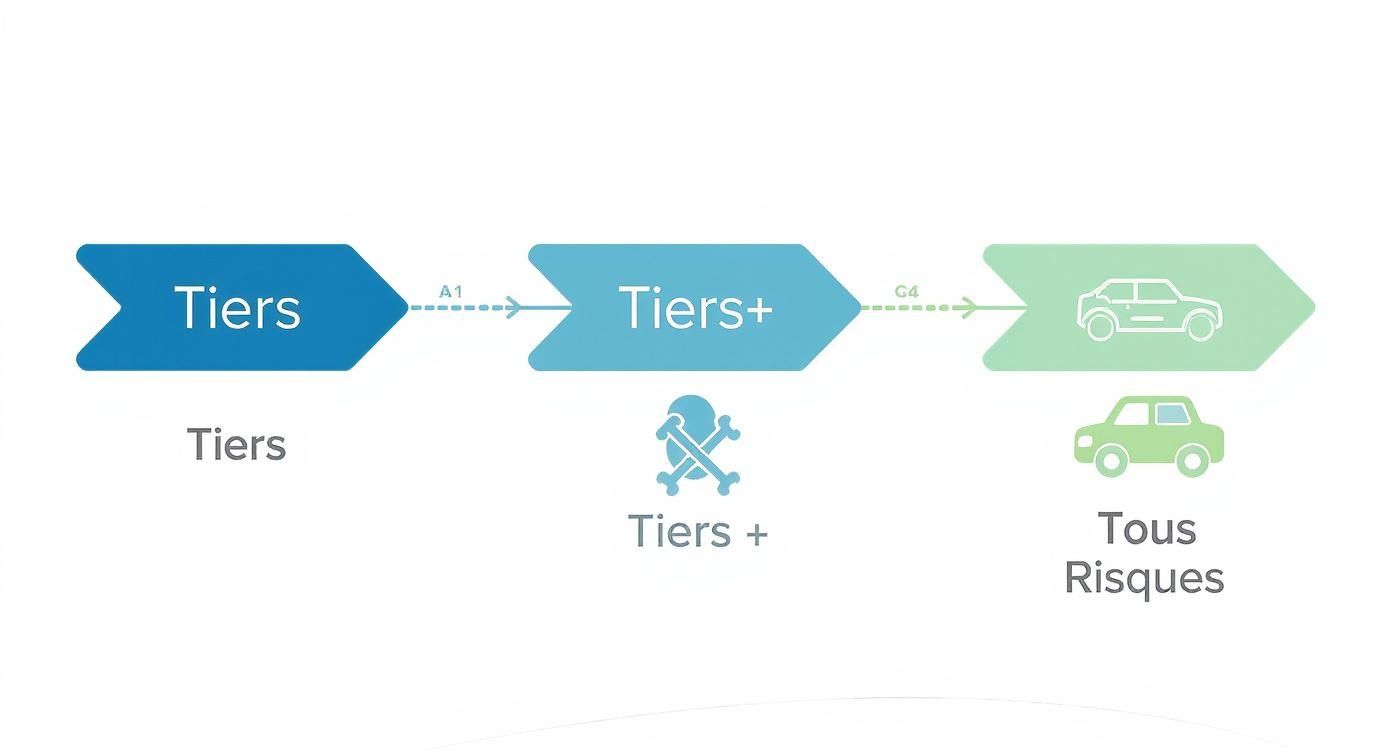 Infographie illustrant un arbre de décision pour choisir son contrat d'assurance auto, du tiers au tous risques