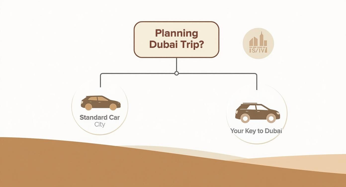 A diagram asking 'Planning Dubai Trip?' showing options for standard city cars and SUVs for Dubai.