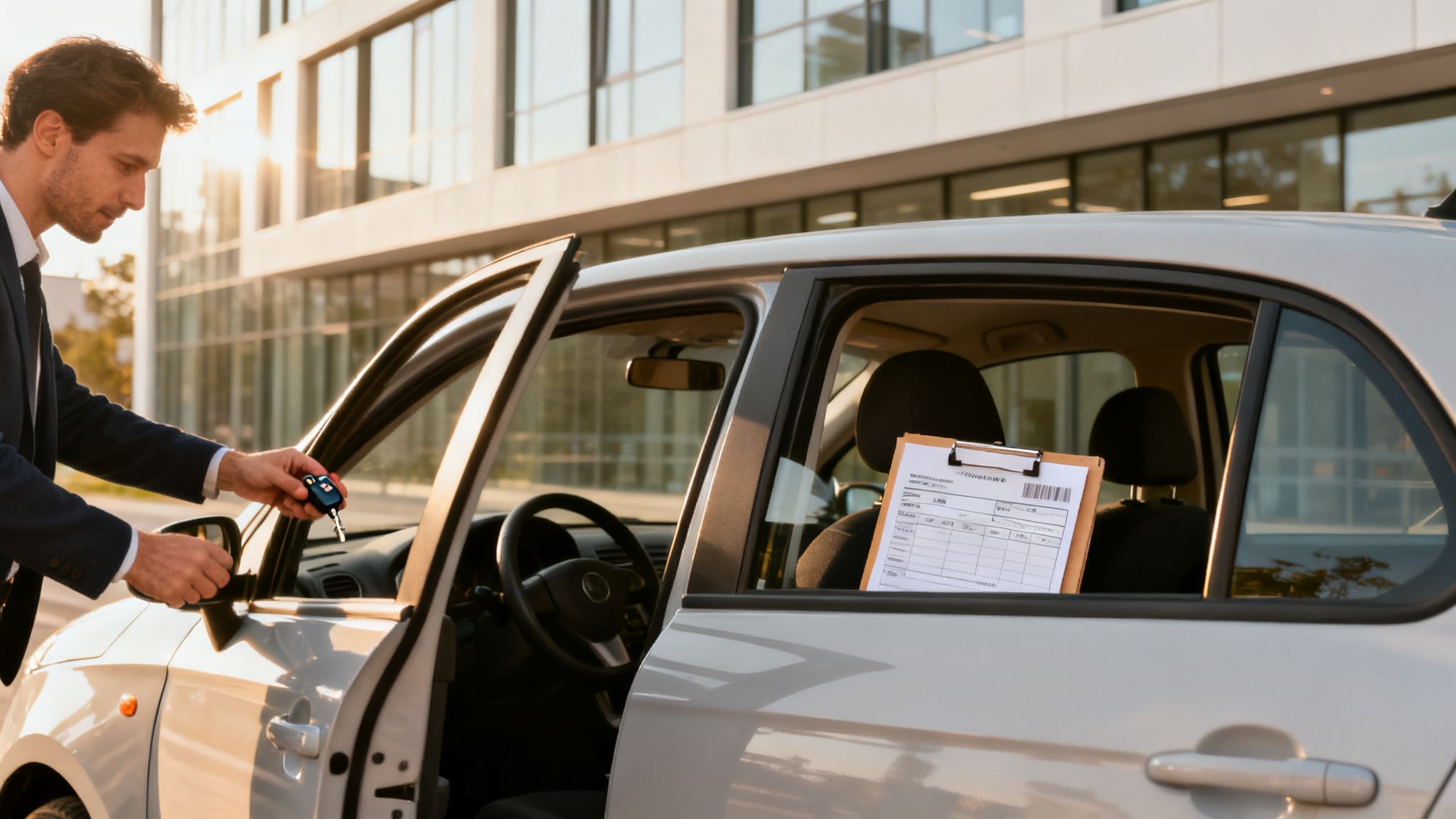 Homme en costume ouvrant une voiture blanche avec des clés, un presse-papiers sur le siège passager.