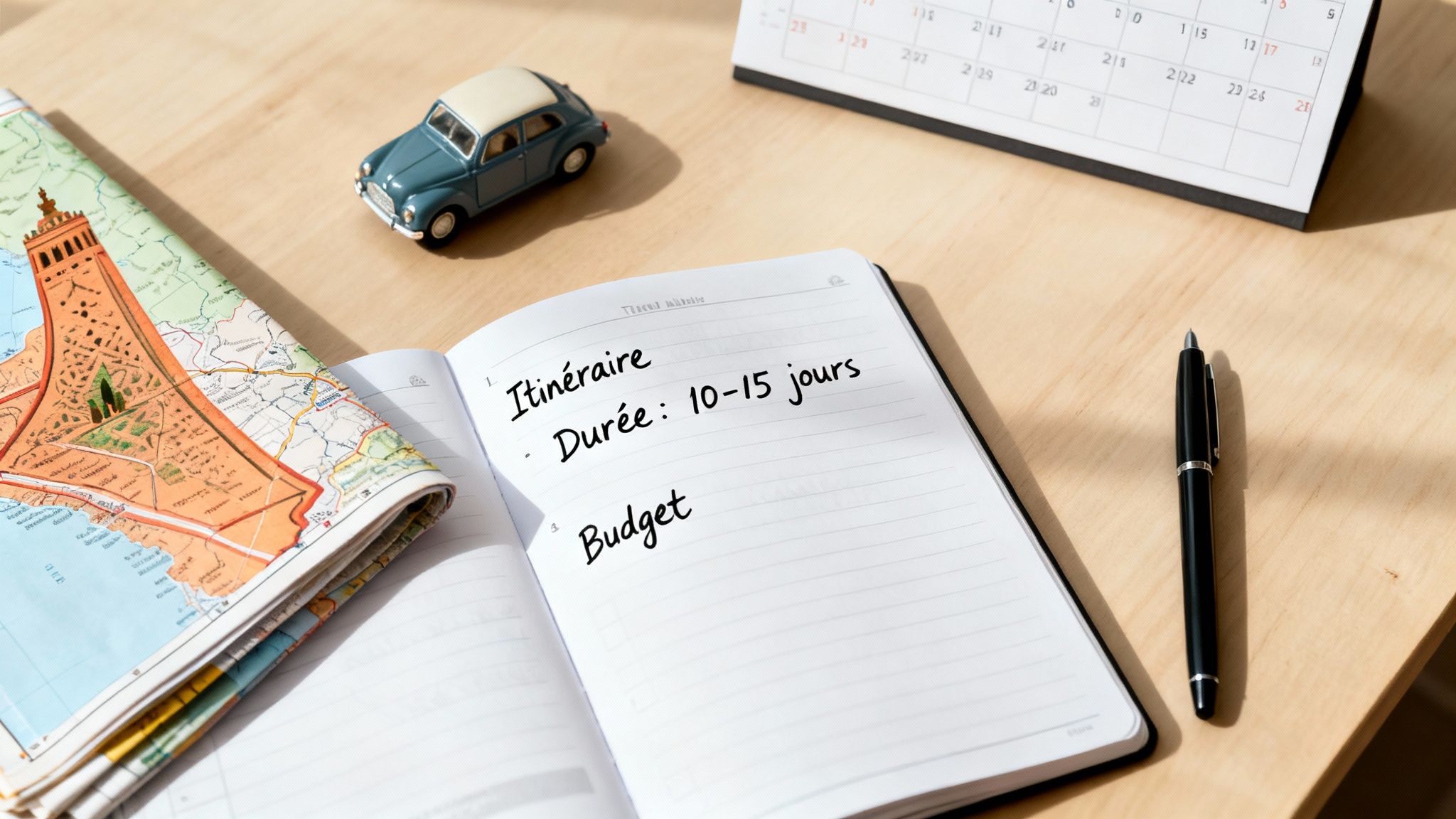 Carnet de voyage ouvert avec itinéraire, durée (10-15 jours) et budget. Une carte et une voiture miniature sur un bureau.
