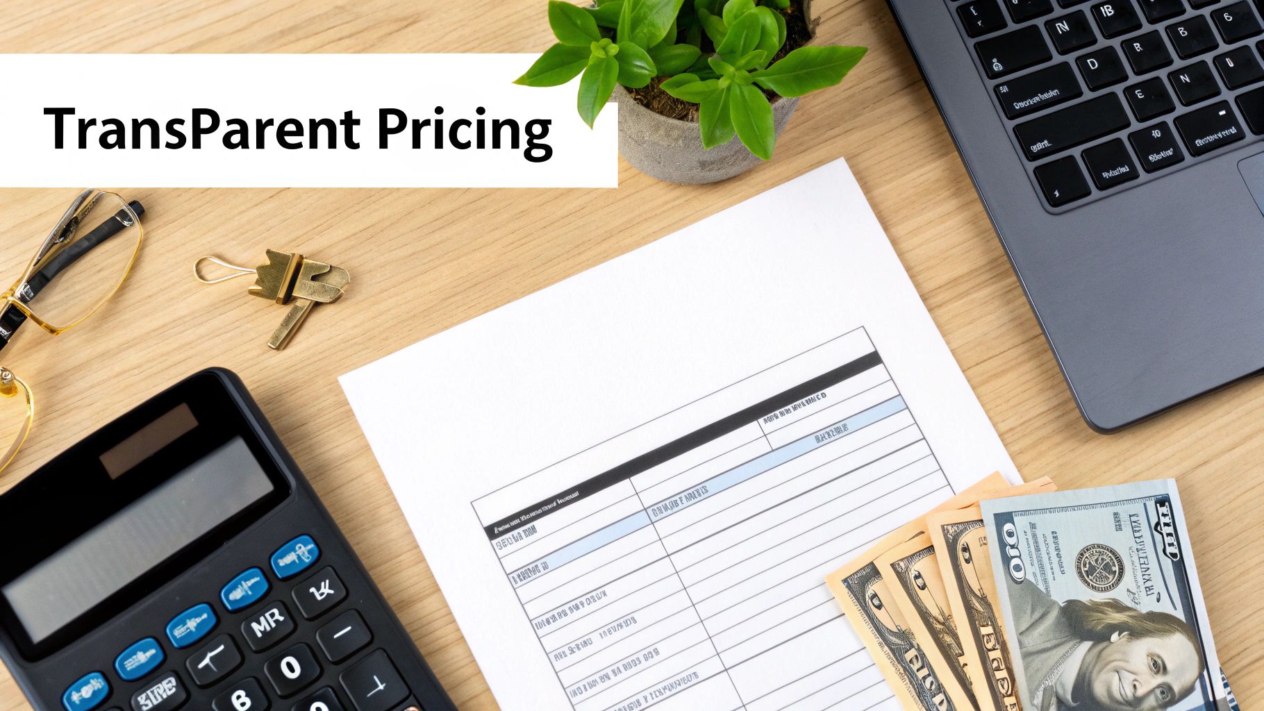 Transparent pricing concept with calculator, spreadsheet documents, cash money, and laptop on wooden desk