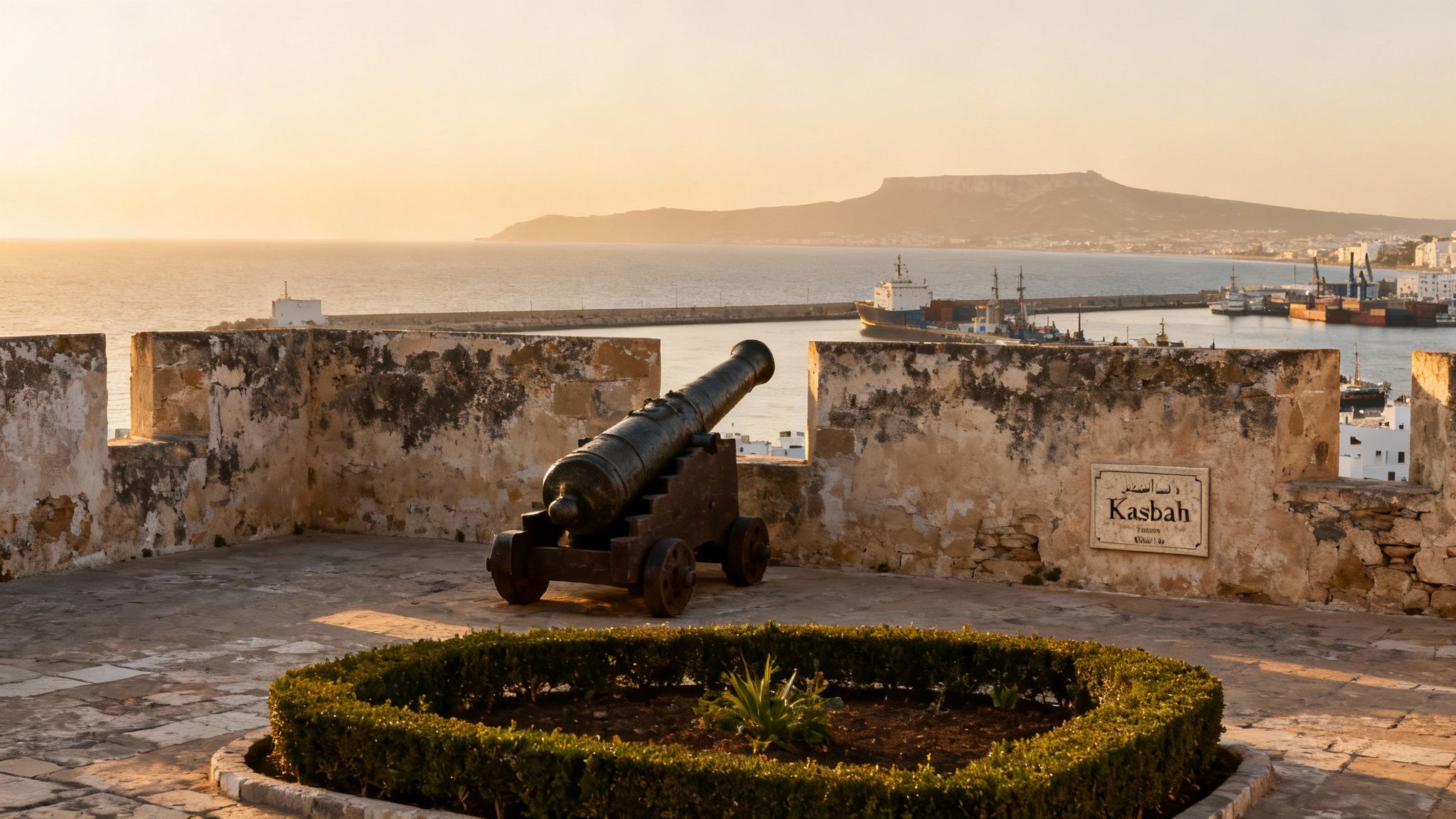 Canon ancien sur une muraille surplombant le port de Tanger au coucher du soleil.