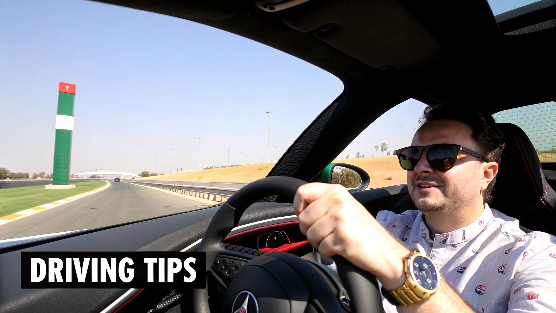 Rent McLaren Dubai: Your Complete Luxury Driving Guide 4 A vibrant orange McLaren driving on a scenic Dubai road with the skyline in the distance