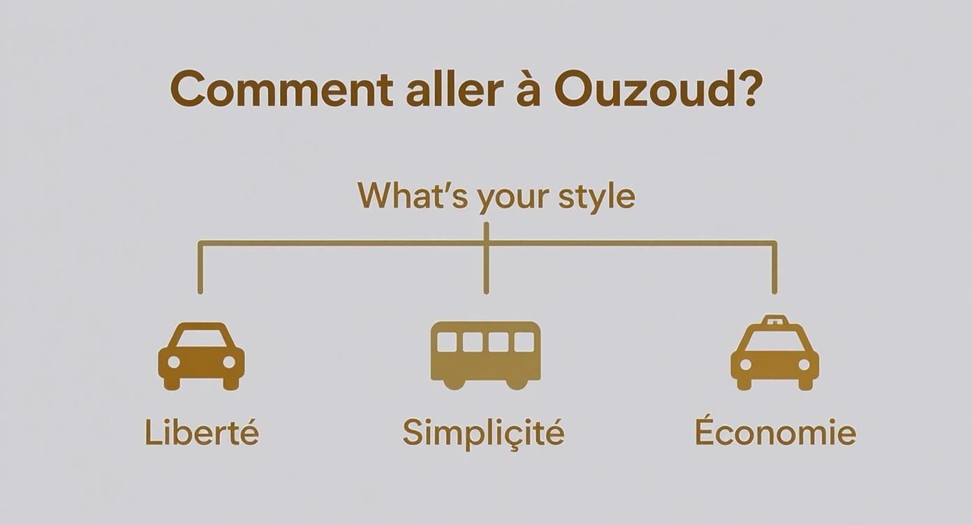 Image présentant les options de transport pour les cascades d'Ouzoud: voiture (liberté), bus (simplicité), taxi (économie).