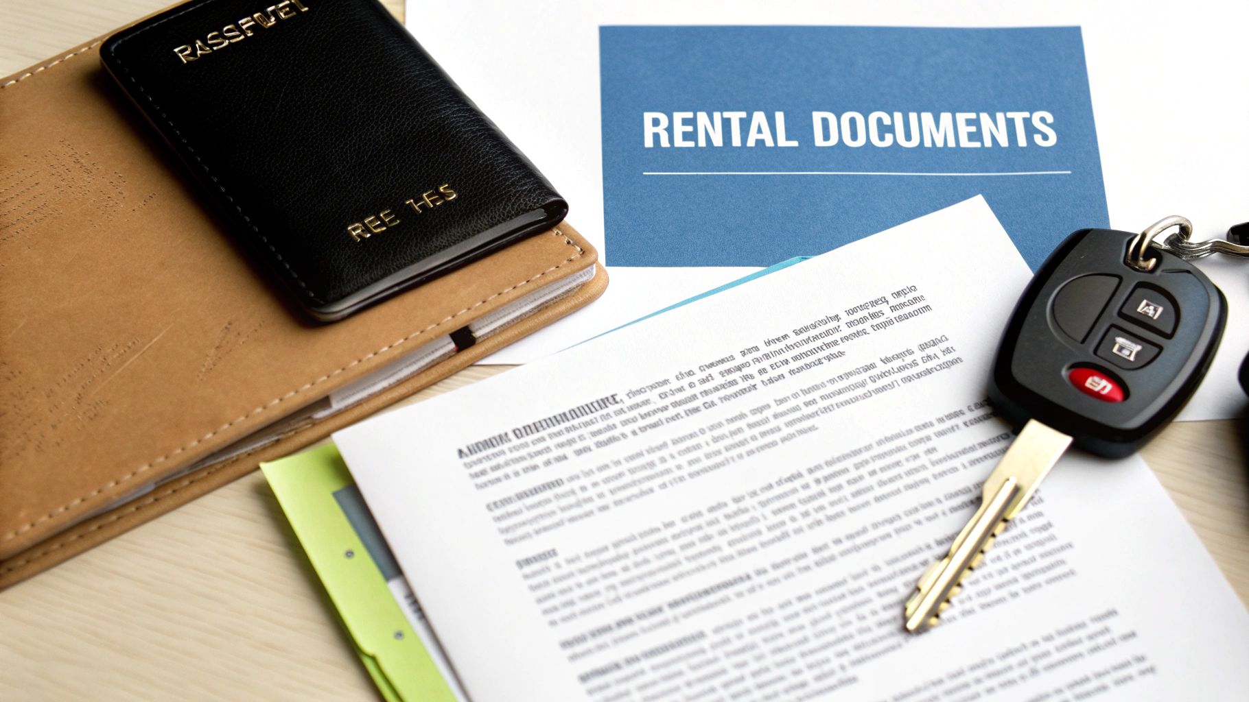 Your Guide to Mustang Dubai Rent 2 A car key, passport, and rental documents are neatly arranged on a table.