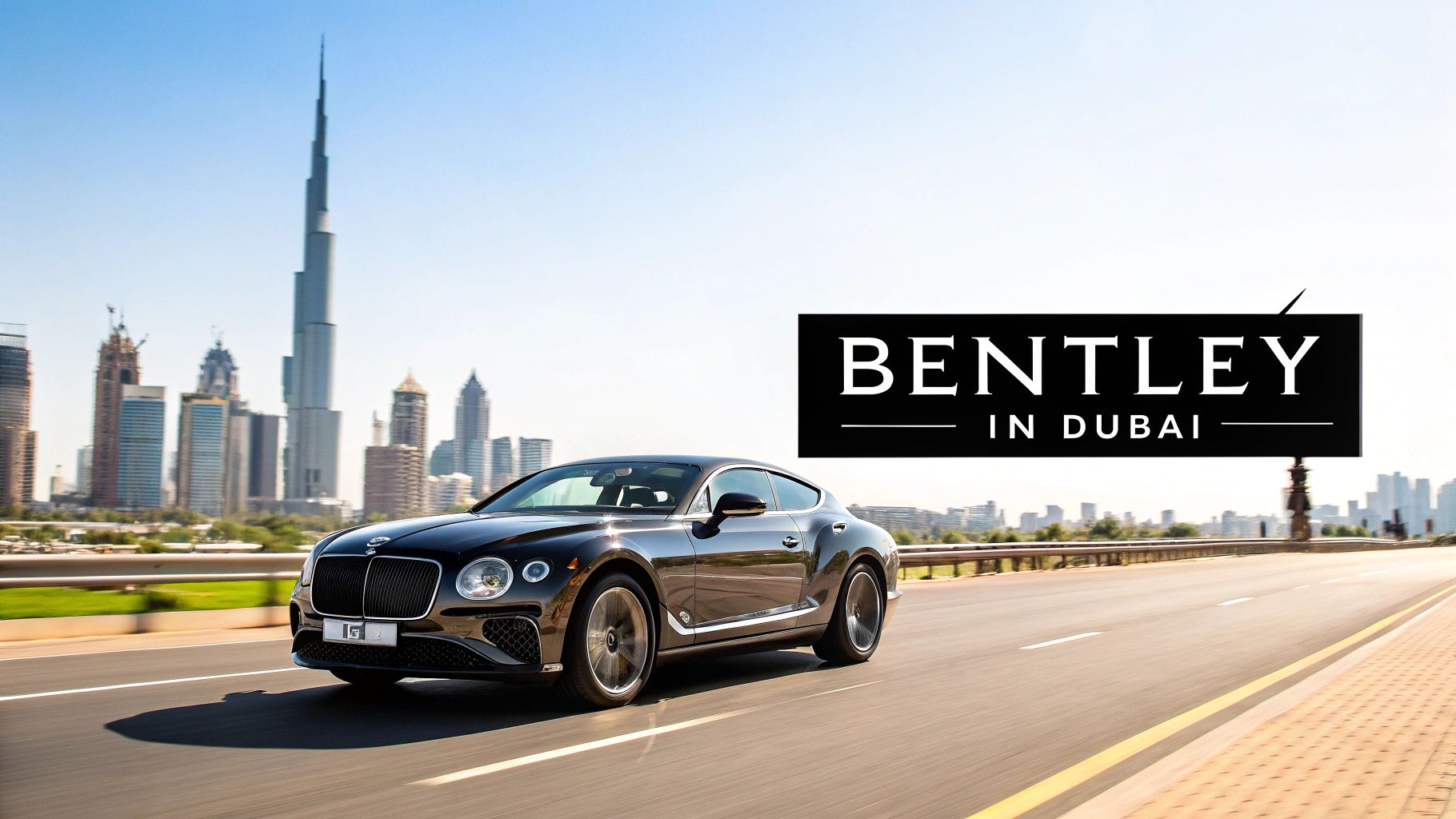 A white Bentley driving down a modern city street with skyscrapers in a background, representing a Bentley rental in Dubai.