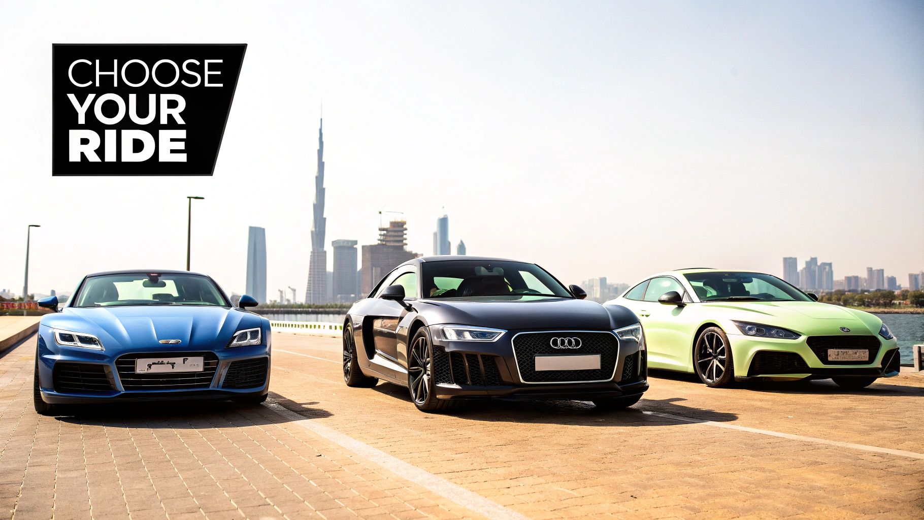 Three exotic sports cars, including an Audi R8, parked with Dubai's skyline.