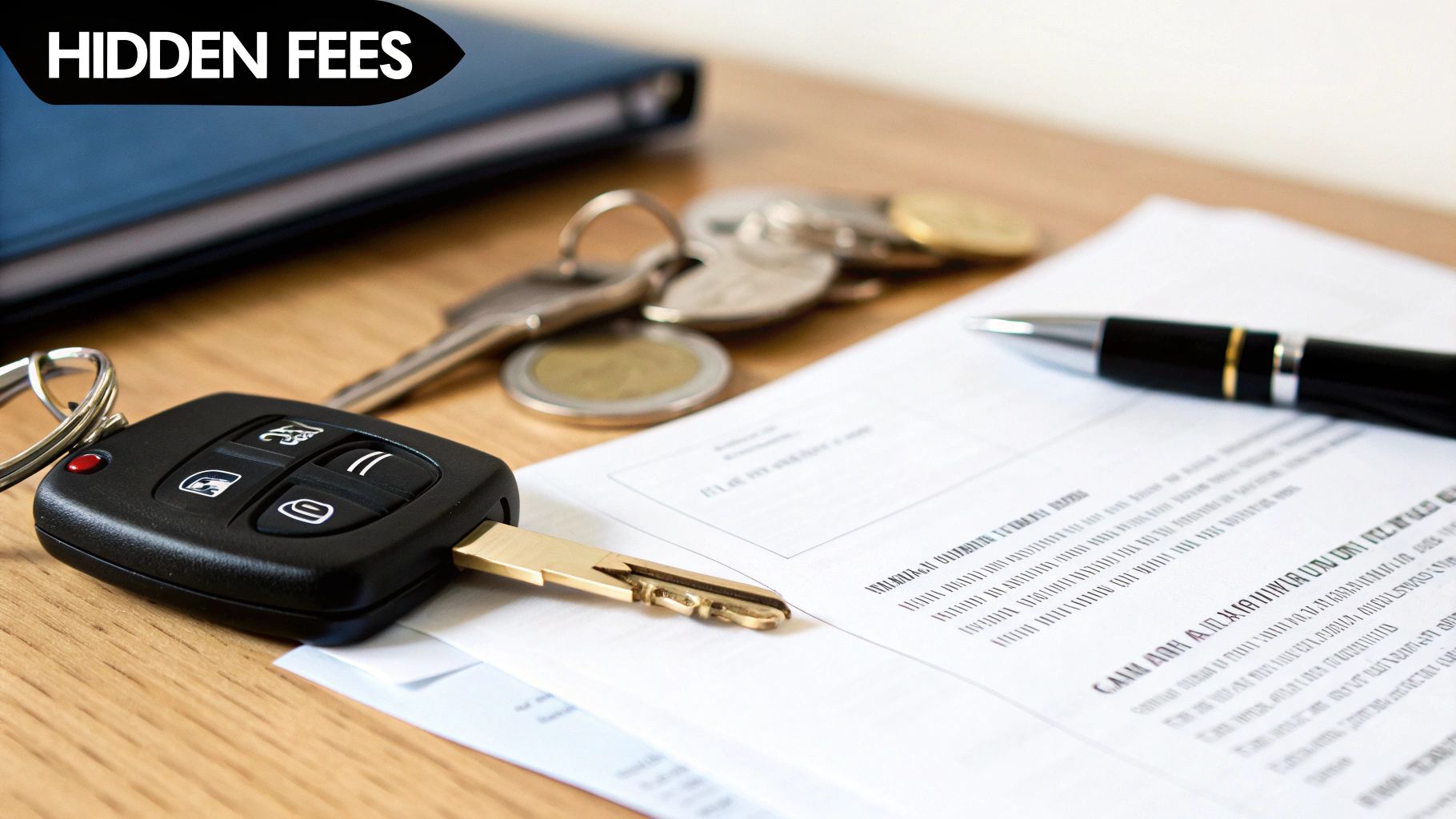Car keys, coins, and a pen rest on a contract document, highlighting hidden fees in vehicle transactions.