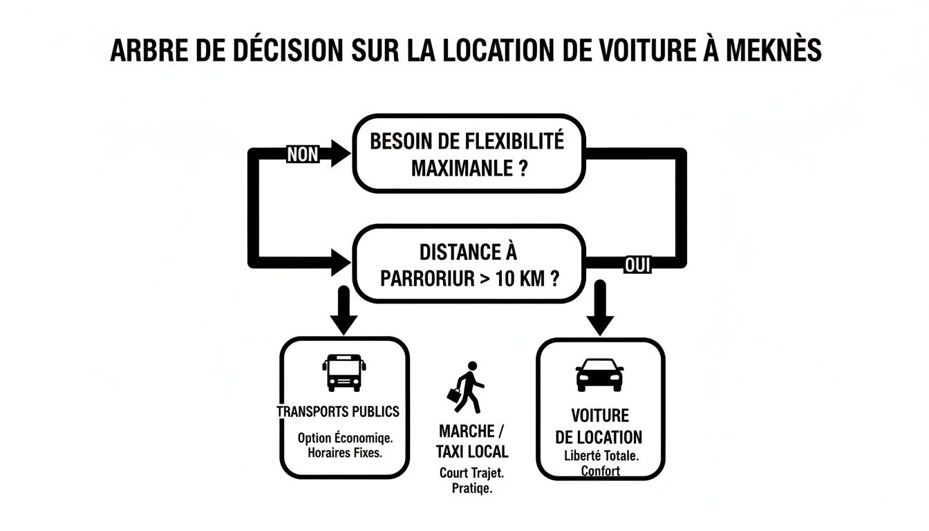 Arbre de décision pour choisir un mode de transport à Meknès, évaluant flexibilité, distance et options de déplacement.